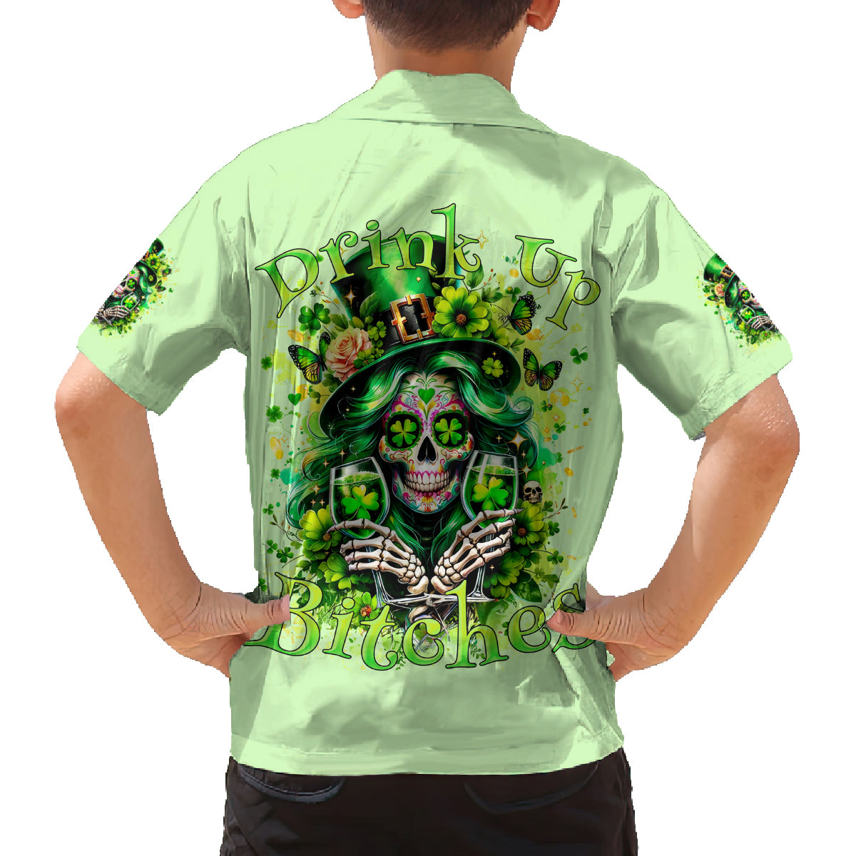 Irish Skull Family Matching Off Shoulder Maxi Dress and Hawaiian Shirt Drink Up Bitches - Wonder Print Shop