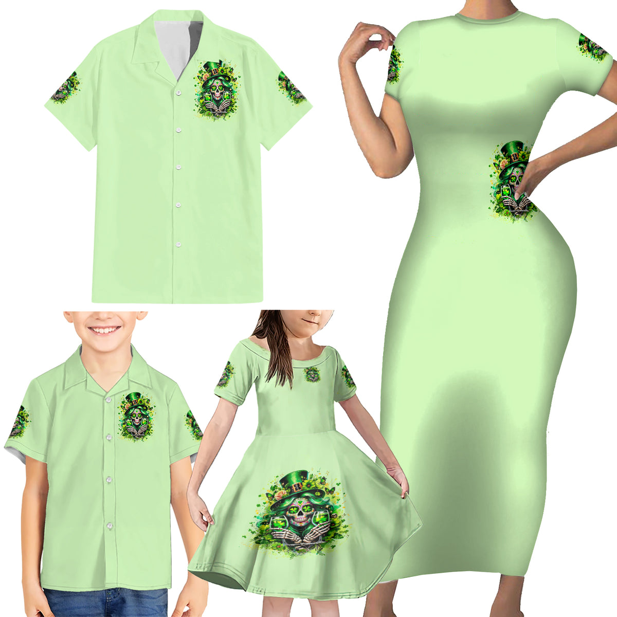 Irish Skull Family Matching Short Sleeve Bodycon Dress and Hawaiian Shirt Drink Up Bitches - Wonder Print Shop
