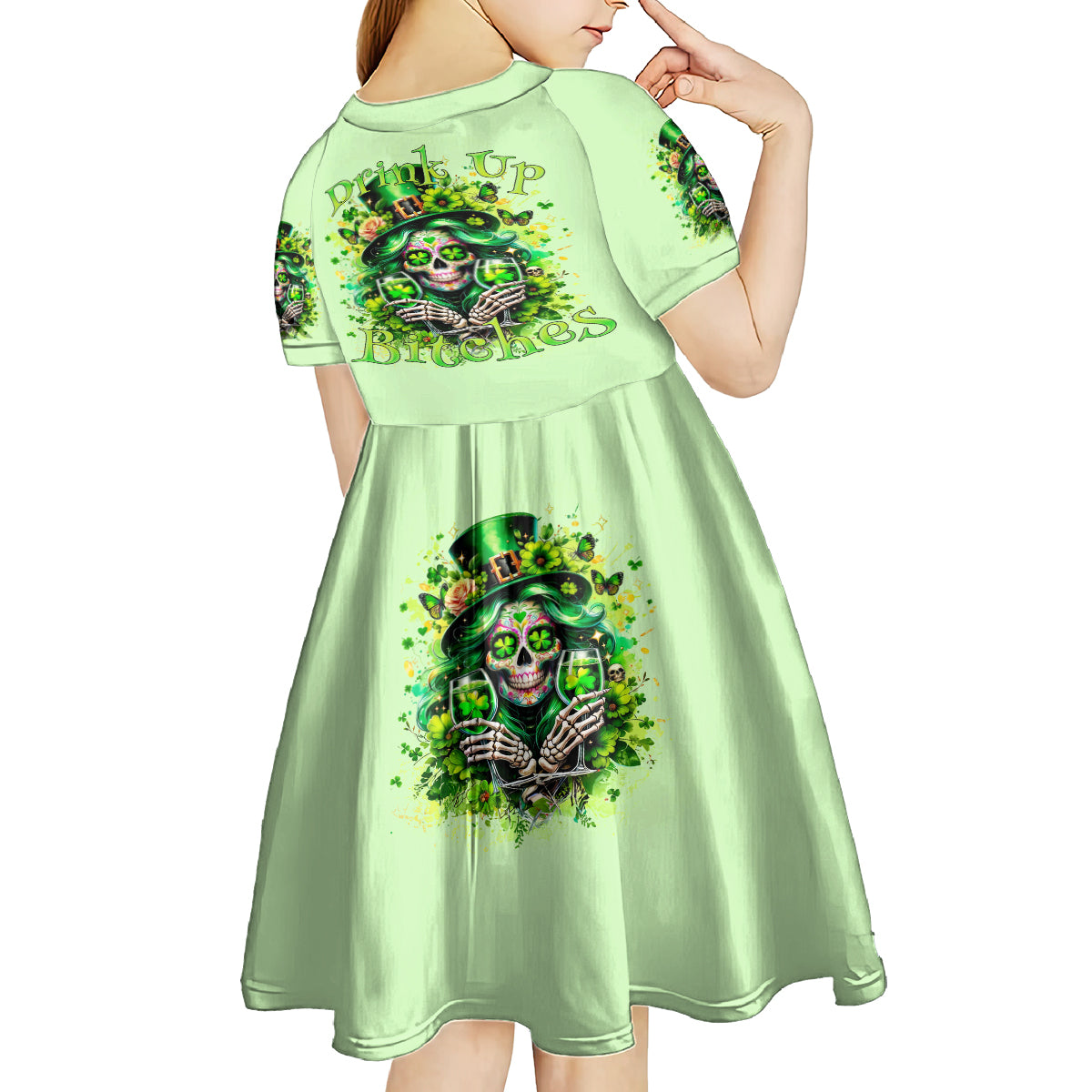 Irish Skull Kid Short Sleeve Dress Drink Up Bitches - Wonder Print Shop