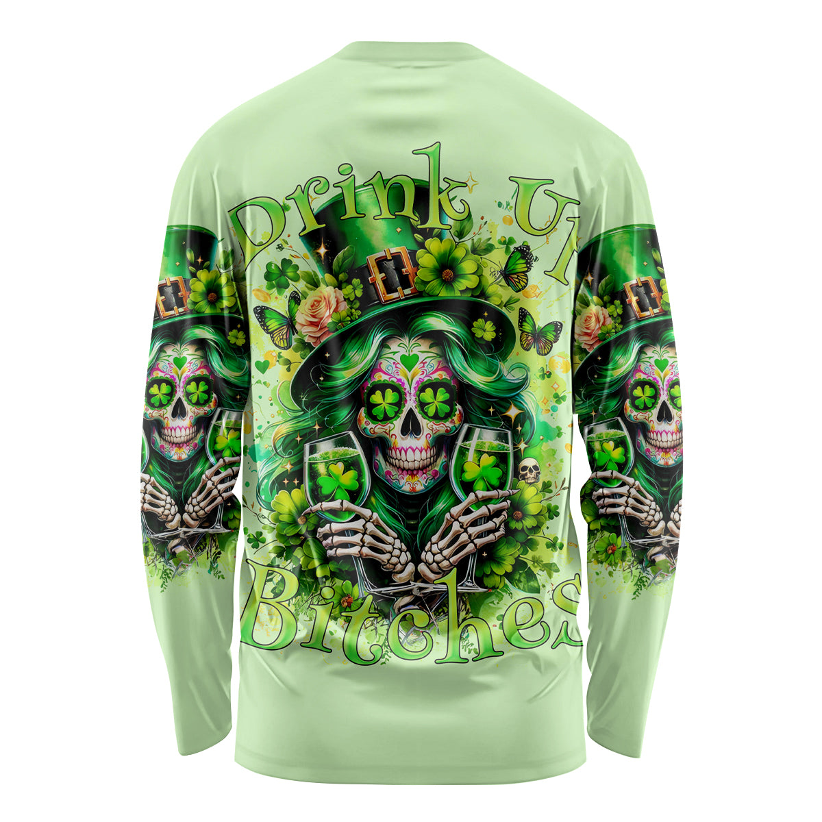 Irish Skull Long Sleeve Shirt Drink Up Bitches - Wonder Print Shop