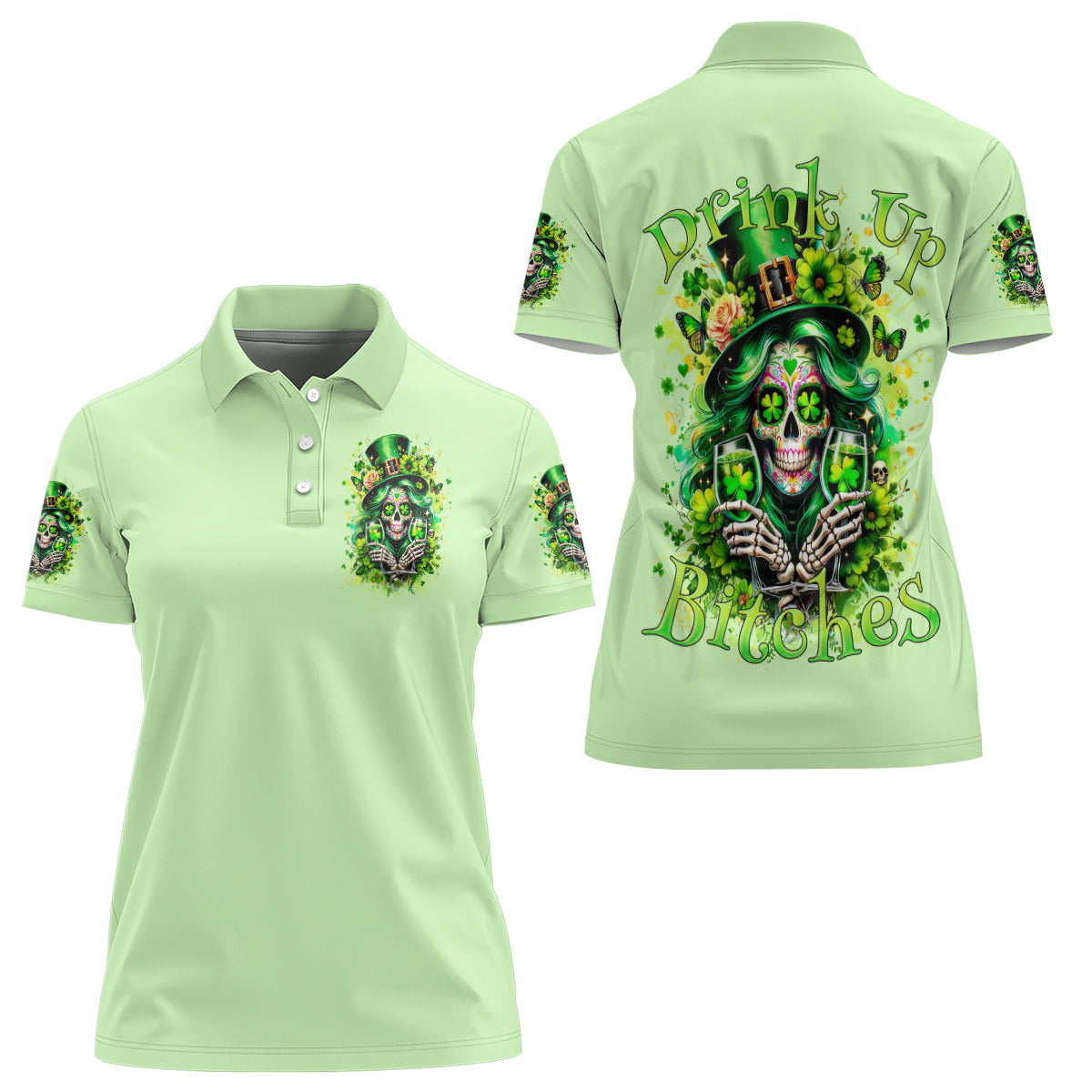 Irish Skull Women Polo Shirt Drink Up Bitches - Wonder Print Shop