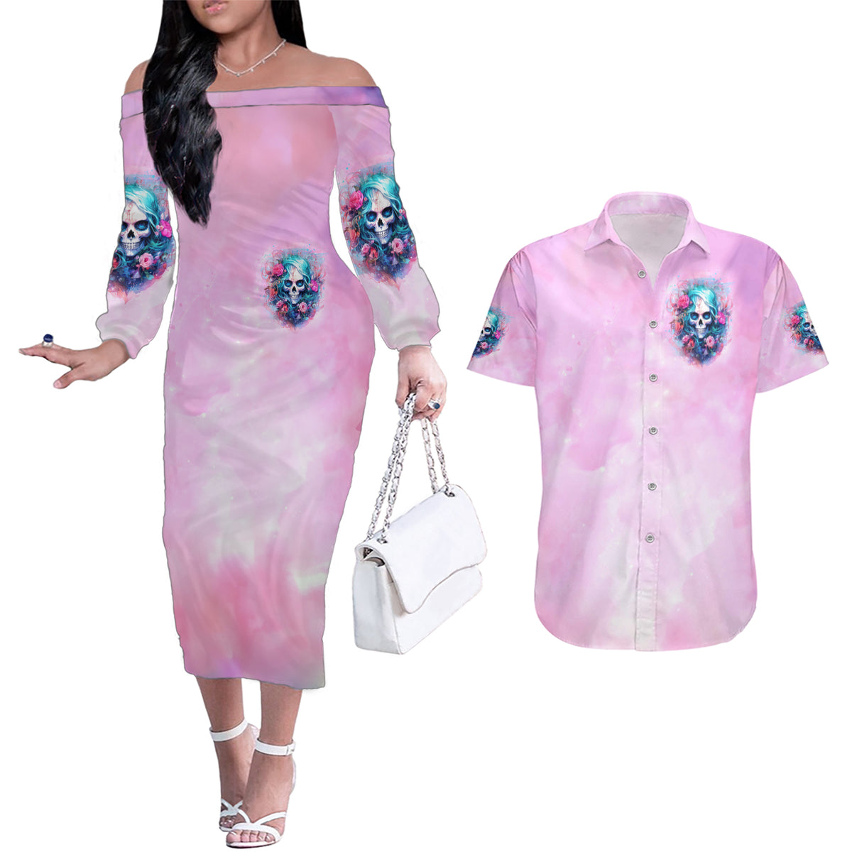 Rose Skull Couples Matching Off The Shoulder Long Sleeve Dress and Hawaiian Shirt Bullshit So The Bitch In Me Come Out To Play - Wonder Print Shop