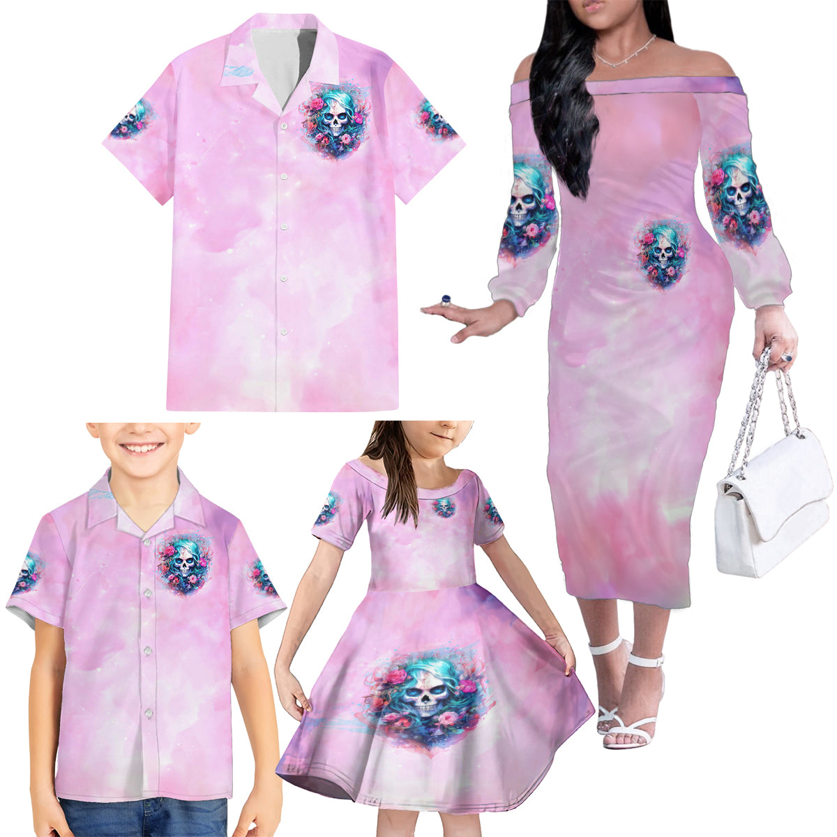 Rose Skull Family Matching Off The Shoulder Long Sleeve Dress and Hawaiian Shirt Bullshit So The Bitch In Me Come Out To Play - Wonder Print Shop