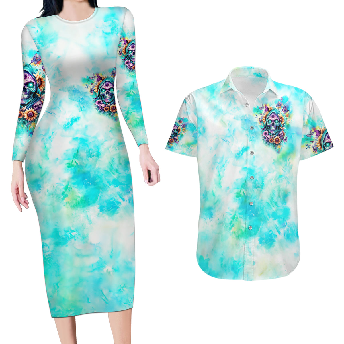 Flower Skull Couples Matching Long Sleeve Bodycon Dress and Hawaiian Shirt She Is Sunshine Mixed With A Little Hurricane - Wonder Print Shop