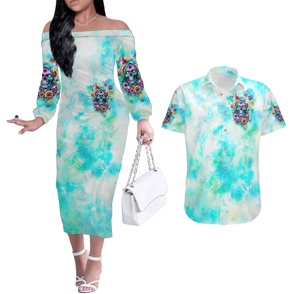 Flower Skull Couples Matching Off The Shoulder Long Sleeve Dress and Hawaiian Shirt She Is Sunshine Mixed With A Little Hurricane - Wonder Print Shop