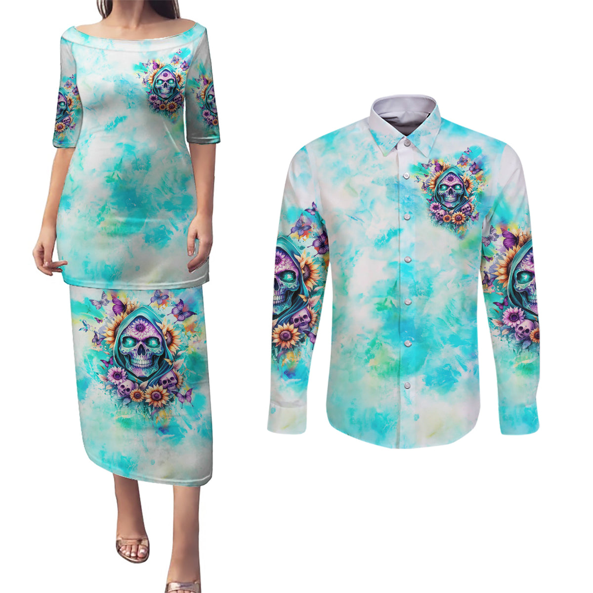 Flower Skull Couples Matching Puletasi and Long Sleeve Button Shirt She Is Sunshine Mixed With A Little Hurricane - Wonder Print Shop