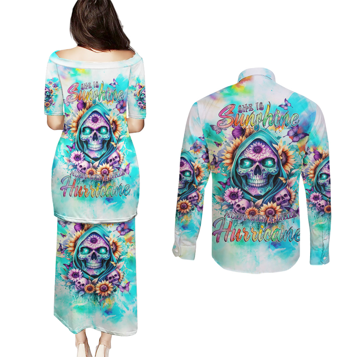 Flower Skull Couples Matching Puletasi and Long Sleeve Button Shirt She Is Sunshine Mixed With A Little Hurricane - Wonder Print Shop