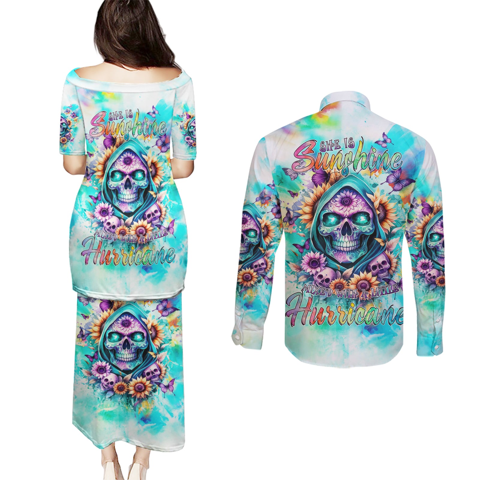 Flower Skull Couples Matching Puletasi and Long Sleeve Button Shirt She Is Sunshine Mixed With A Little Hurricane - Wonder Print Shop