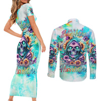 Flower Skull Couples Matching Short Sleeve Bodycon Dress and Long Sleeve Button Shirt She Is Sunshine Mixed With A Little Hurricane - Wonder Print Shop