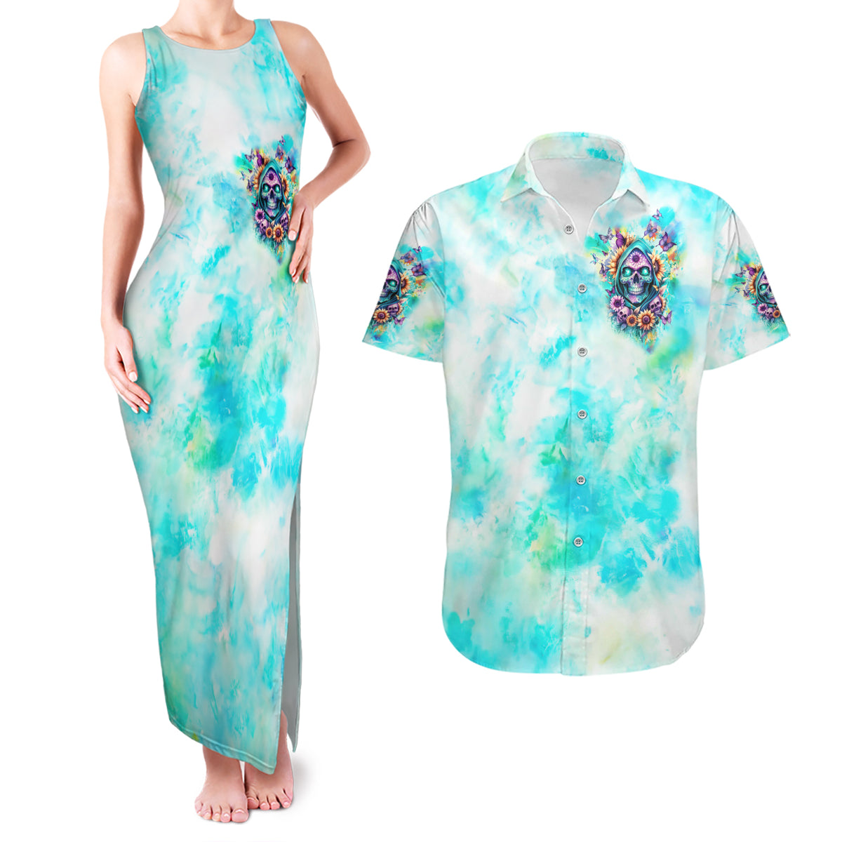 Flower Skull Couples Matching Tank Maxi Dress and Hawaiian Shirt She Is Sunshine Mixed With A Little Hurricane - Wonder Print Shop