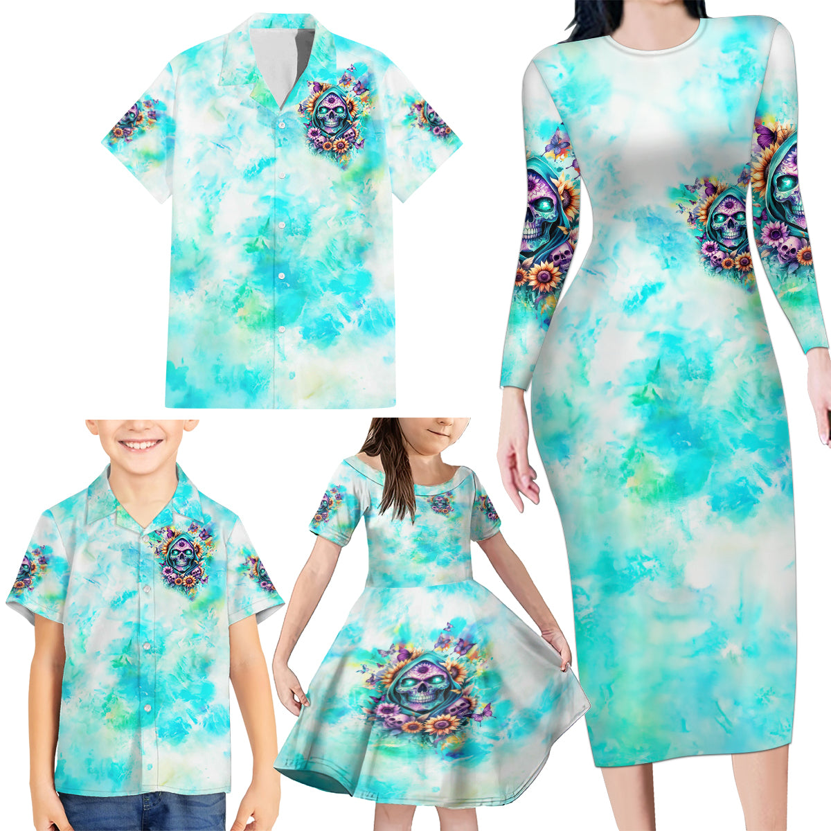 Flower Skull Family Matching Long Sleeve Bodycon Dress and Hawaiian Shirt She Is Sunshine Mixed With A Little Hurricane - Wonder Print Shop