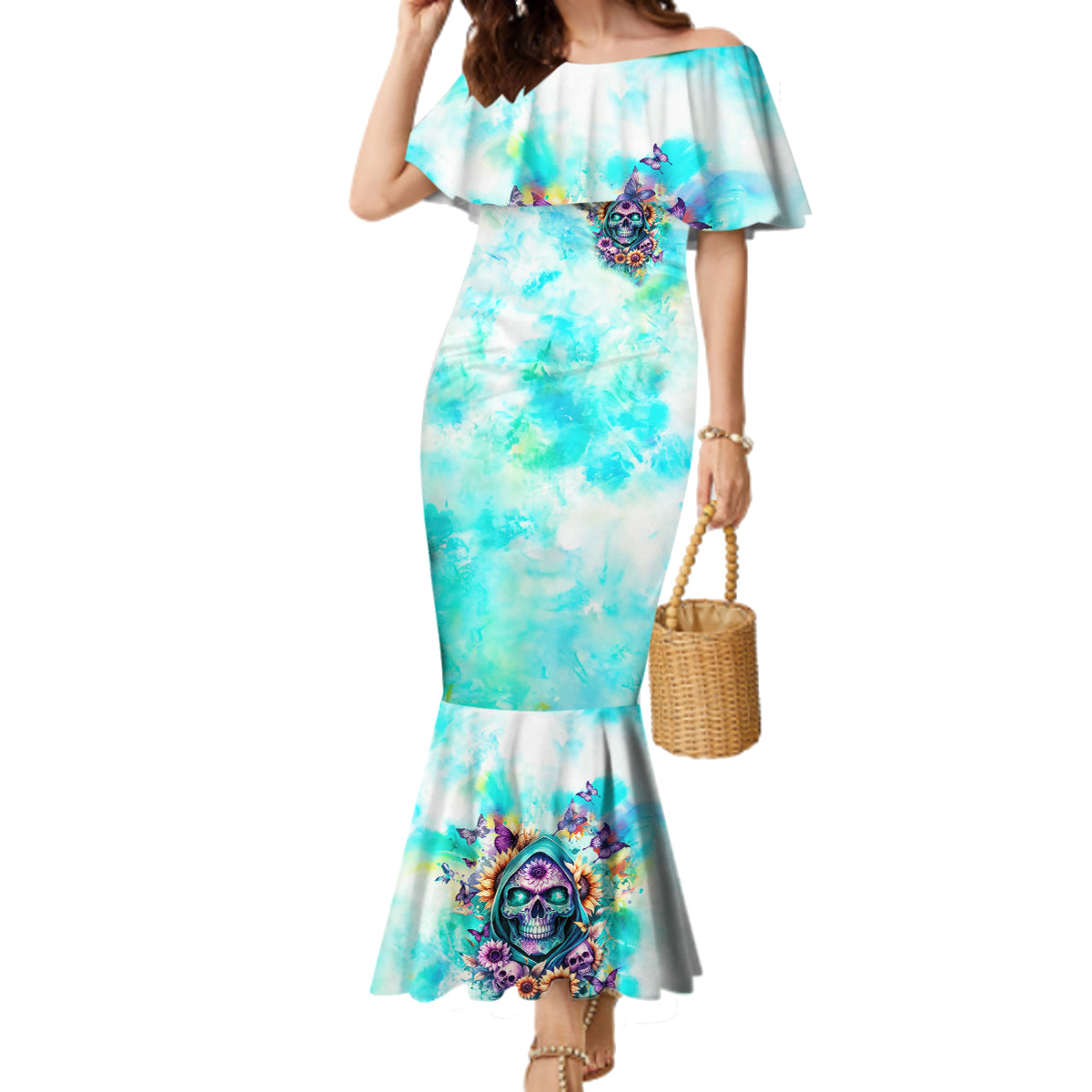 Flower Skull Family Matching Mermaid Dress and Hawaiian Shirt She Is Sunshine Mixed With A Little Hurricane - Wonder Print Shop