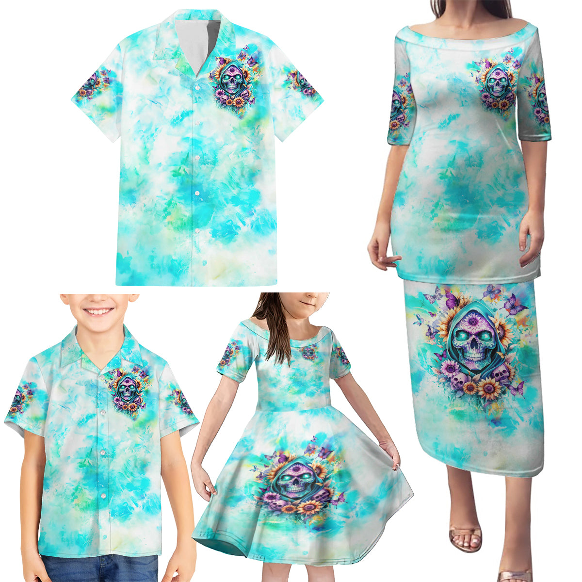 Flower Skull Family Matching Puletasi and Hawaiian Shirt She Is Sunshine Mixed With A Little Hurricane - Wonder Print Shop