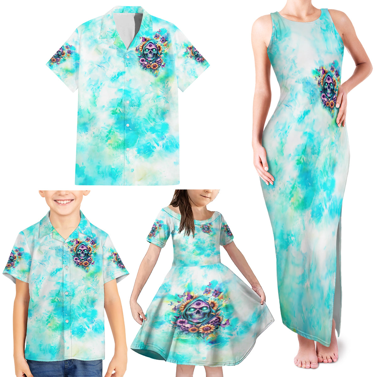 Flower Skull Family Matching Tank Maxi Dress and Hawaiian Shirt She Is Sunshine Mixed With A Little Hurricane - Wonder Print Shop