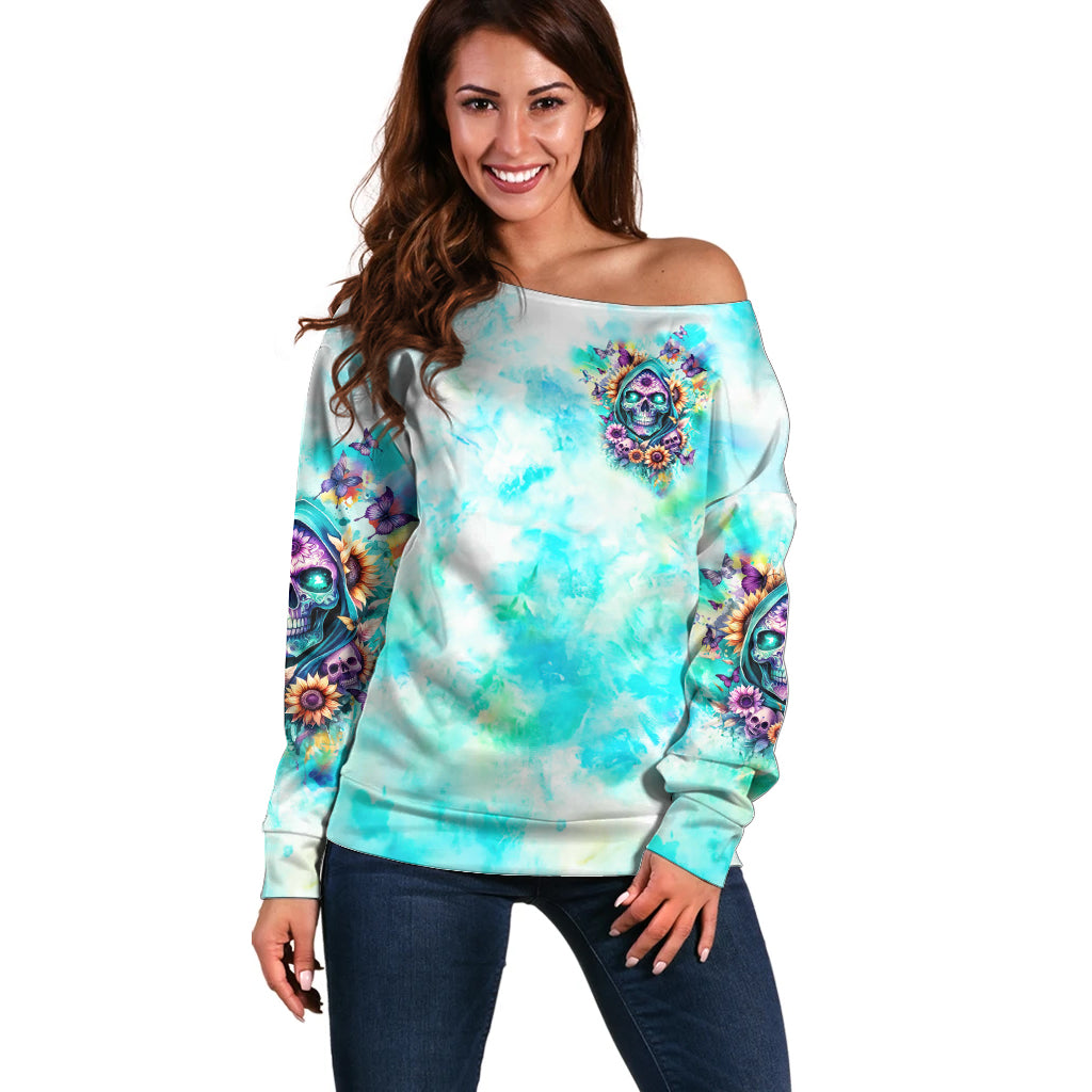 Flower Skull Off Shoulder Sweater She Is Sunshine Mixed With A Little Hurricane - Wonder Print Shop