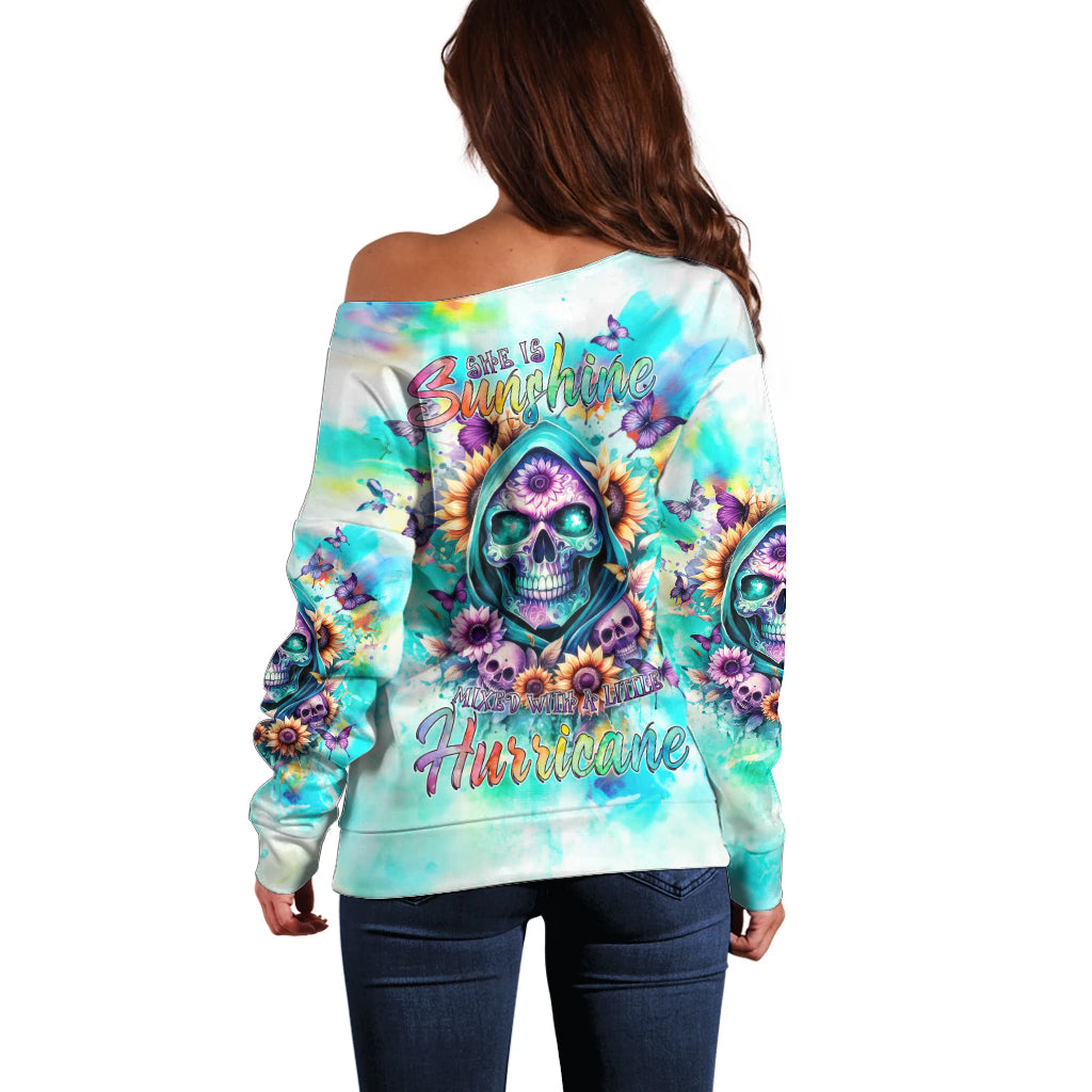 Flower Skull Off Shoulder Sweater She Is Sunshine Mixed With A Little Hurricane - Wonder Print Shop