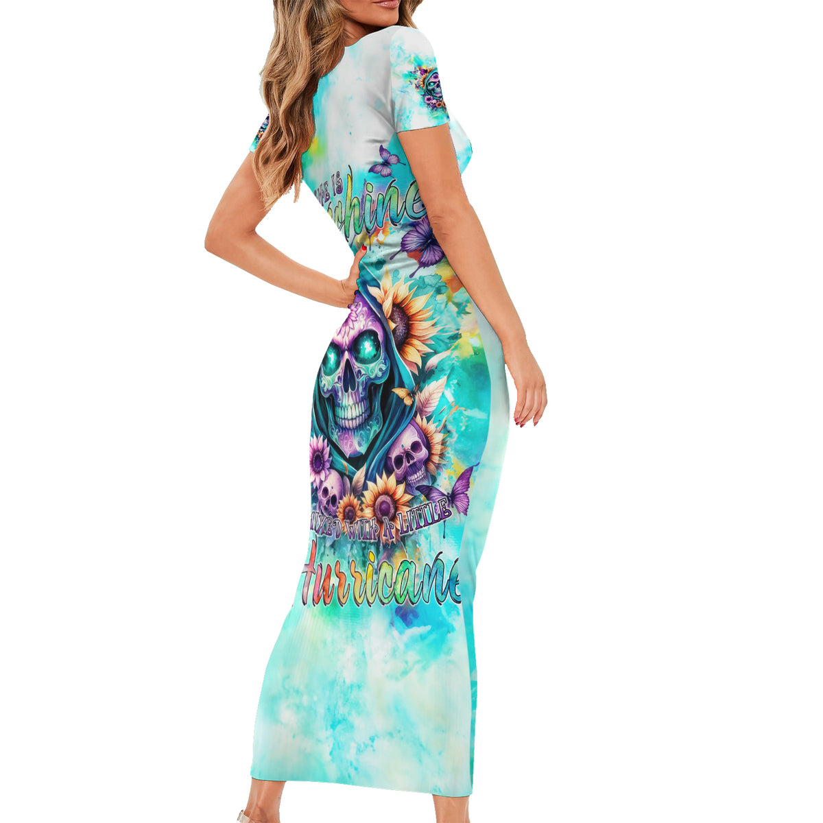 Flower Skull Short Sleeve Bodycon Dress She Is Sunshine Mixed With A Little Hurricane - Wonder Print Shop