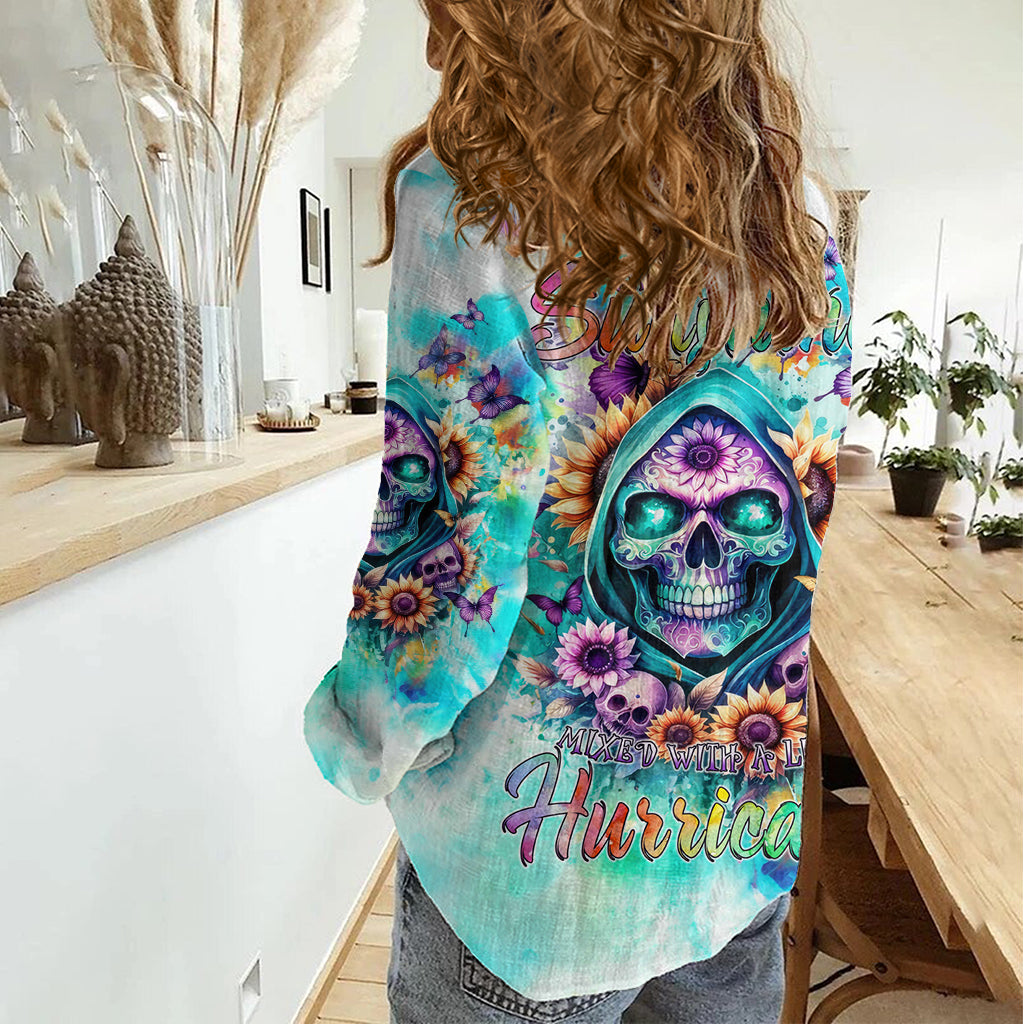 Flower Skull Women Casual Shirt She Is Sunshine Mixed With A Little Hurricane - Wonder Print Shop