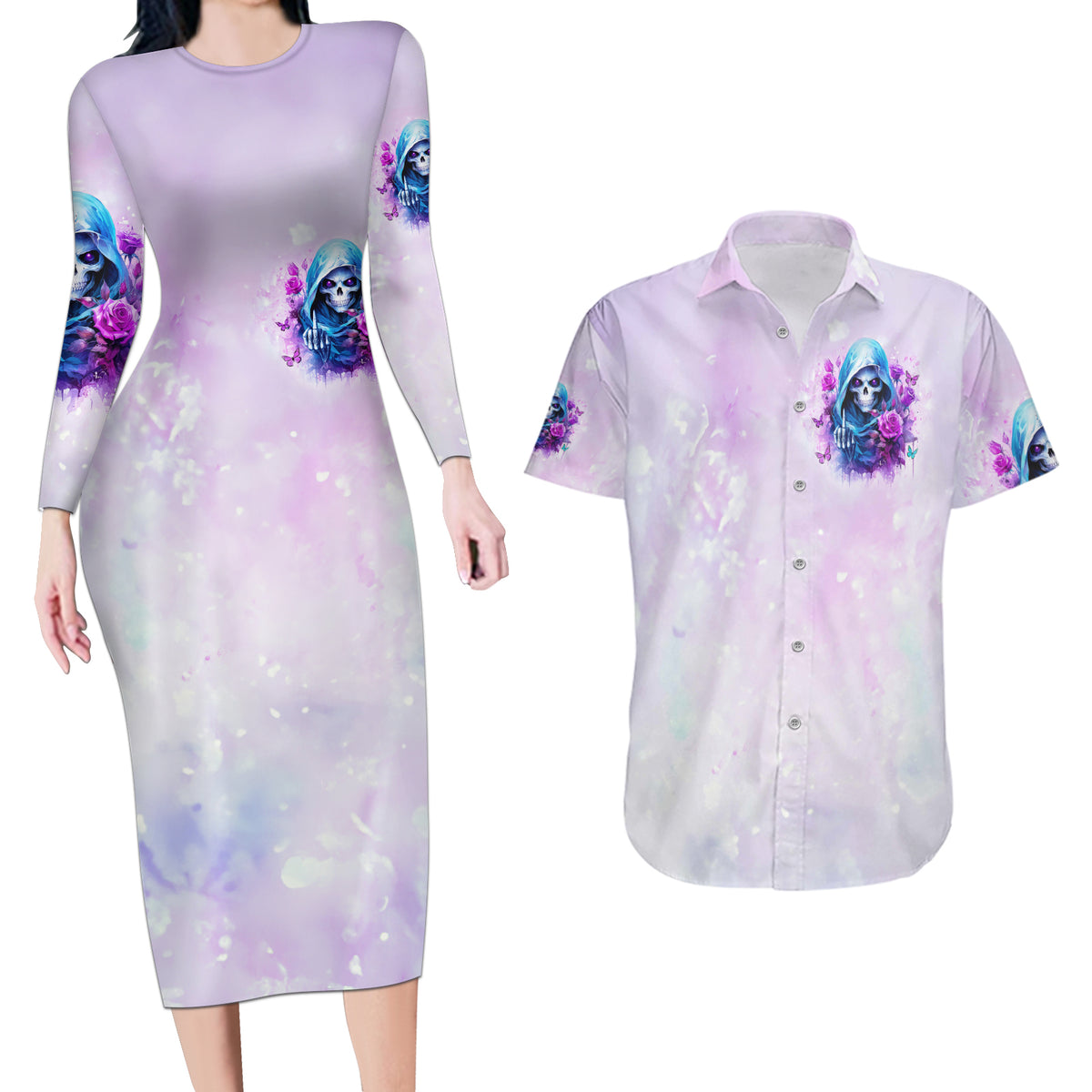 Rose Skull Couples Matching Long Sleeve Bodycon Dress and Hawaiian Shirt I'm Not Always A Bitch Just Kidding Go Fuck Yourself - Wonder Print Shop