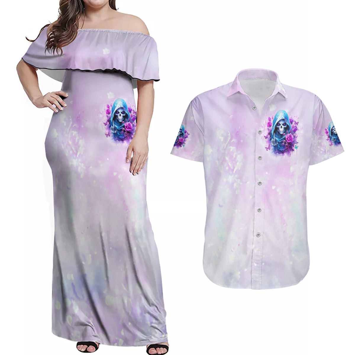 Rose Skull Couples Matching Off Shoulder Maxi Dress and Hawaiian Shirt I'm Not Always A Bitch Just Kidding Go Fuck Yourself - Wonder Print Shop
