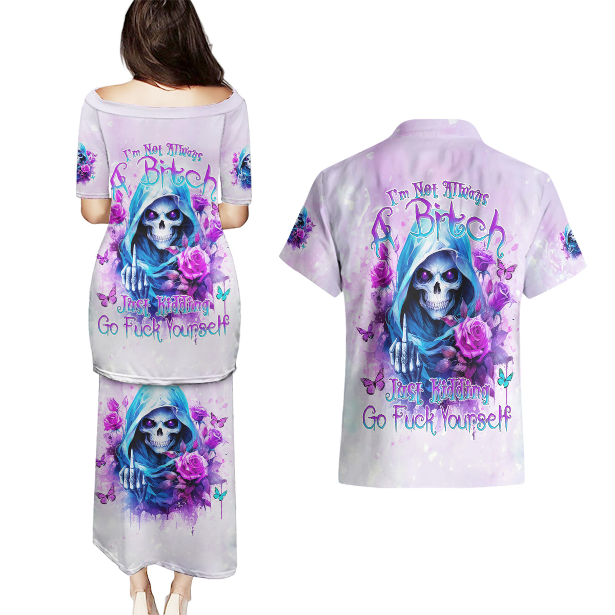 Rose Skull Couples Matching Puletasi and Hawaiian Shirt I'm Not Always A Bitch Just Kidding Go Fuck Yourself - Wonder Print Shop