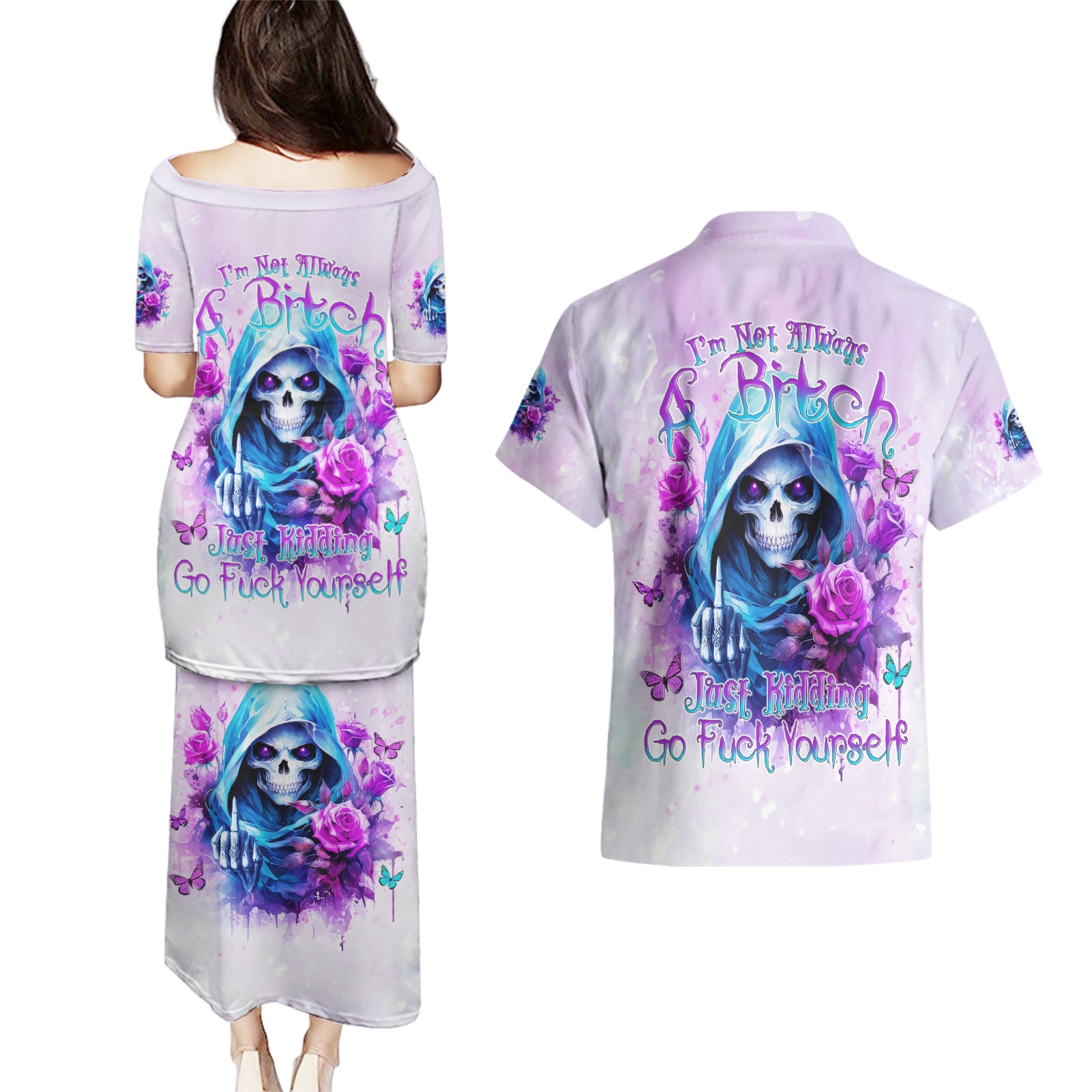 Rose Skull Couples Matching Puletasi and Hawaiian Shirt I'm Not Always A Bitch Just Kidding Go Fuck Yourself - Wonder Print Shop