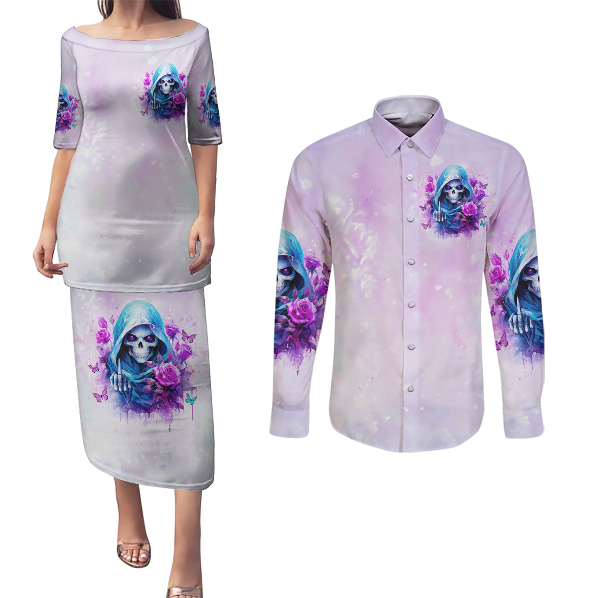 Rose Skull Couples Matching Puletasi and Long Sleeve Button Shirt I'm Not Always A Bitch Just Kidding Go Fuck Yourself - Wonder Print Shop