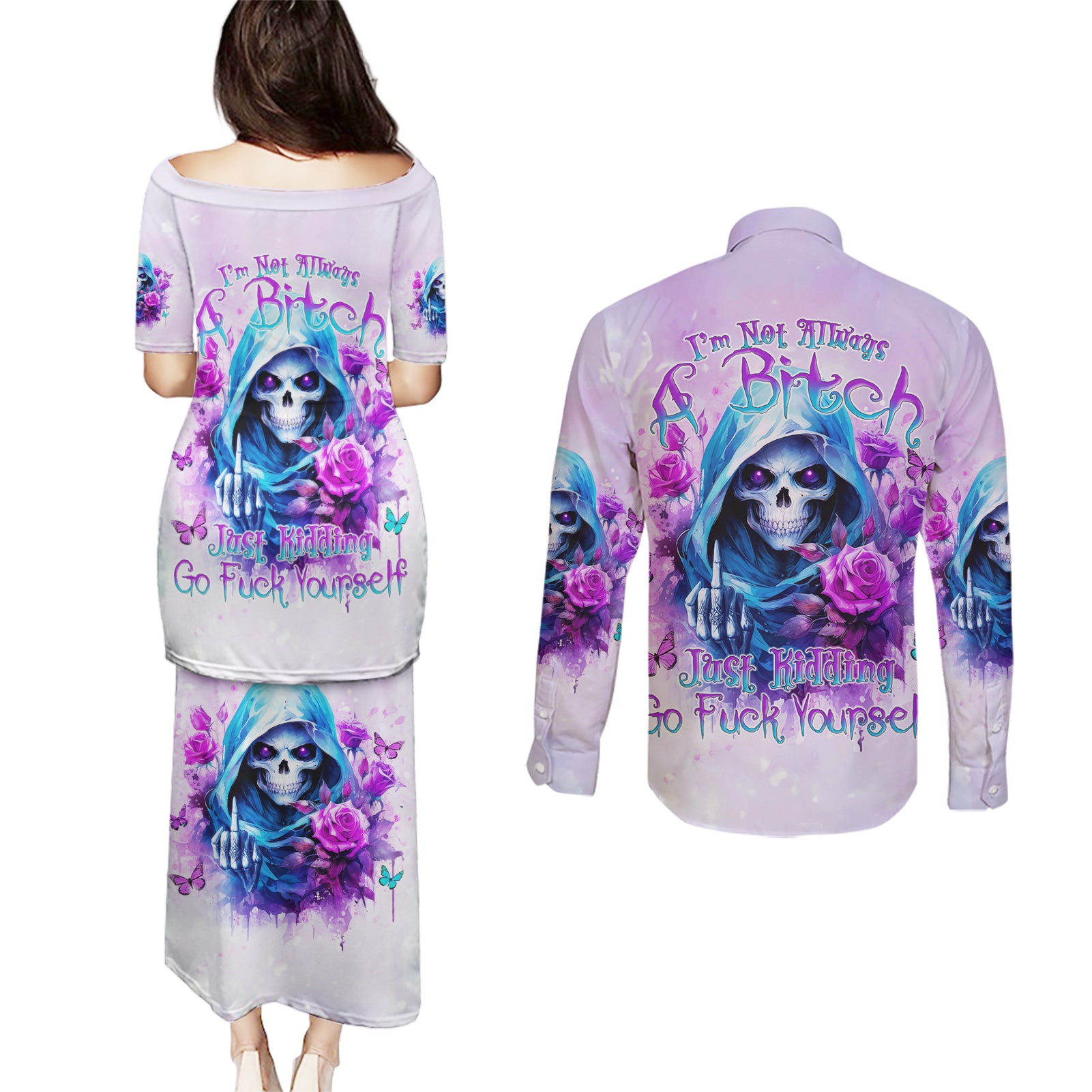 Rose Skull Couples Matching Puletasi and Long Sleeve Button Shirt I'm Not Always A Bitch Just Kidding Go Fuck Yourself - Wonder Print Shop