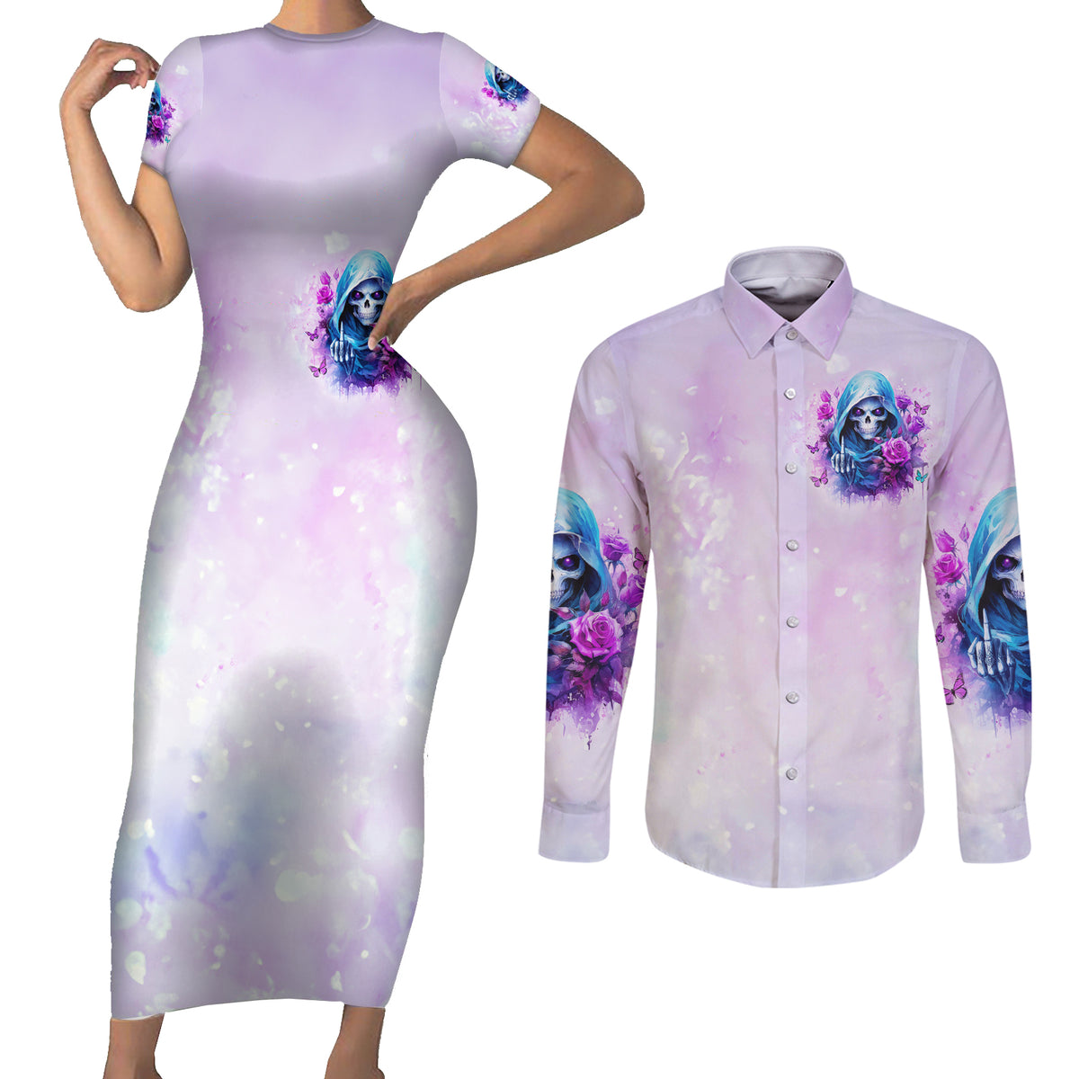 Rose Skull Couples Matching Short Sleeve Bodycon Dress and Long Sleeve Button Shirt I'm Not Always A Bitch Just Kidding Go Fuck Yourself - Wonder Print Shop