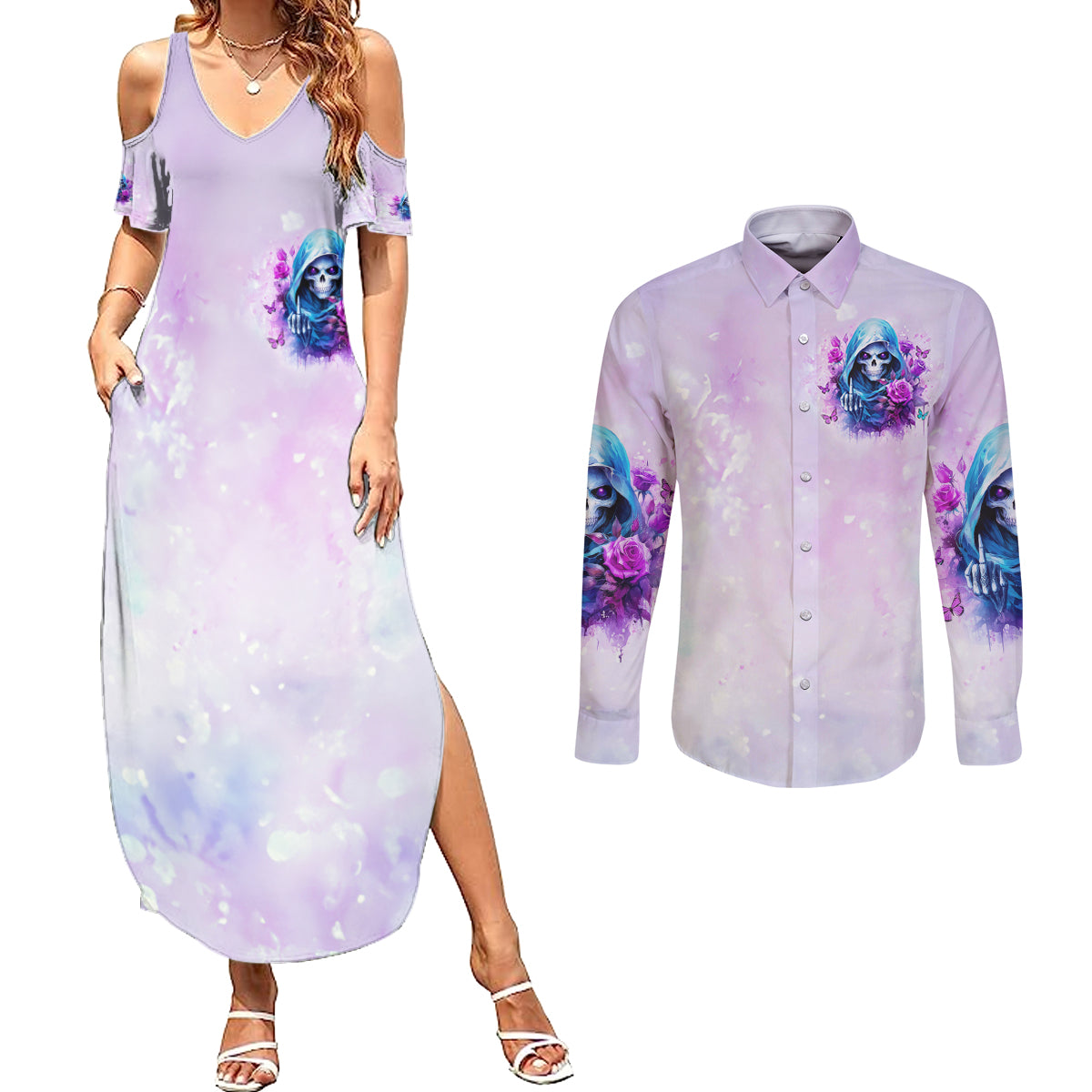 Rose Skull Couples Matching Summer Maxi Dress and Long Sleeve Button Shirt I'm Not Always A Bitch Just Kidding Go Fuck Yourself - Wonder Print Shop