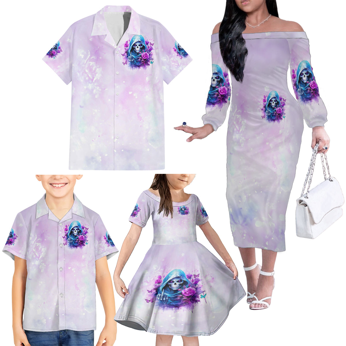 Rose Skull Family Matching Off The Shoulder Long Sleeve Dress and Hawaiian Shirt I'm Not Always A Bitch Just Kidding Go Fuck Yourself - Wonder Print Shop