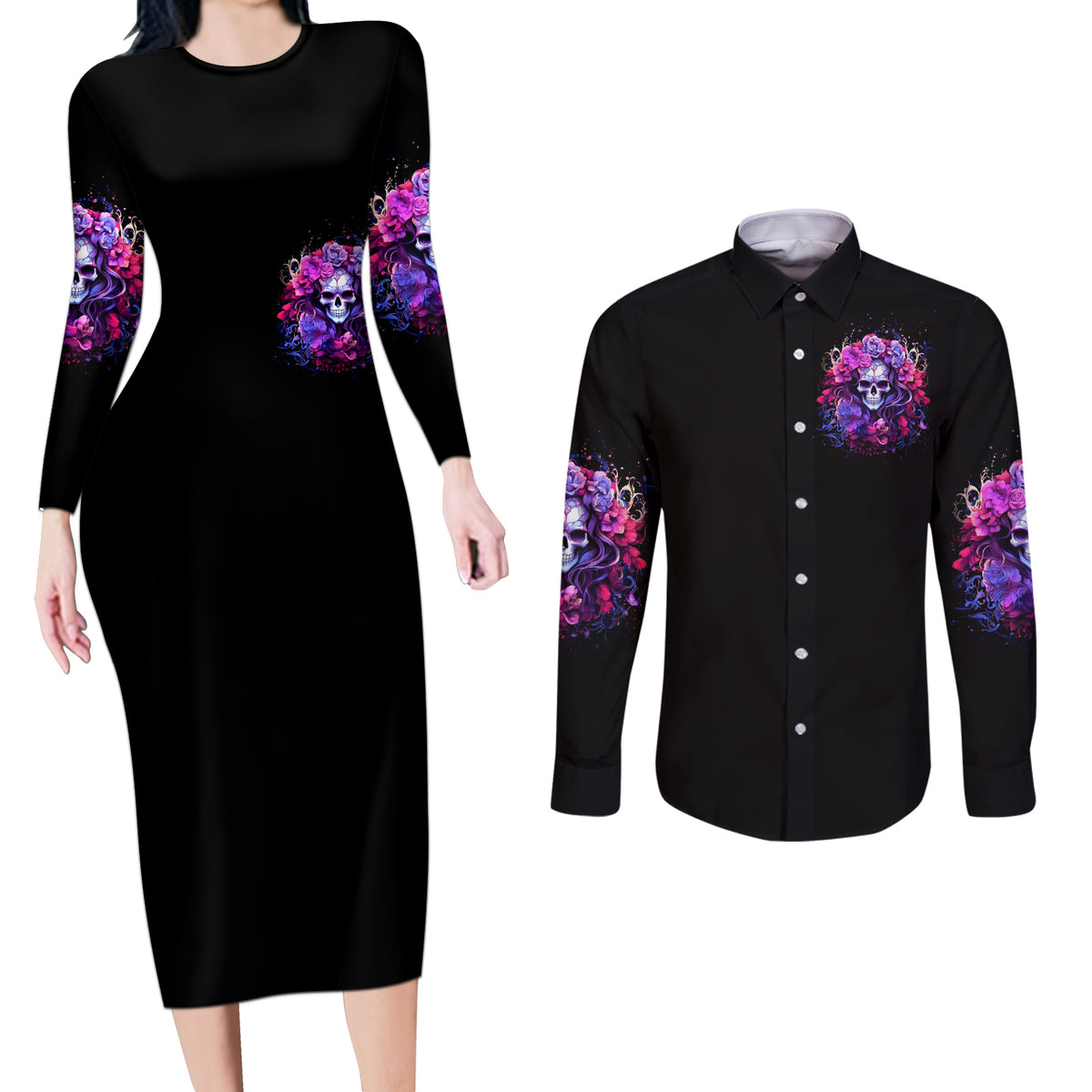 Flower Skull Couples Matching Long Sleeve Bodycon Dress and Long Sleeve Button Shirt The Good Girl In Me Got Tired Of The Bullshit So The Bitch In Me Came Out To Play - Wonder Print Shop