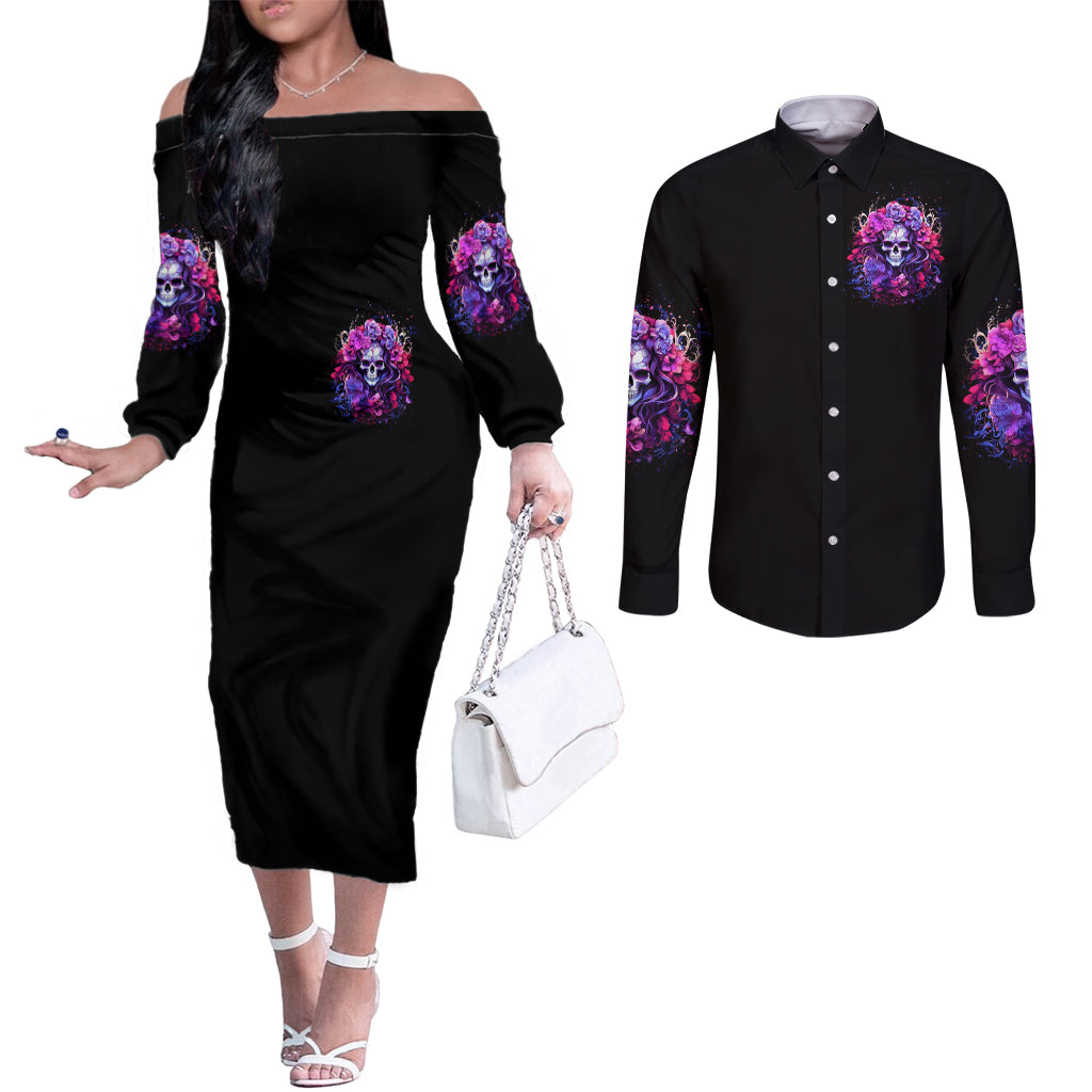 Flower Skull Couples Matching Off The Shoulder Long Sleeve Dress and Long Sleeve Button Shirt The Good Girl In Me Got Tired Of The Bullshit So The Bitch In Me Came Out To Play