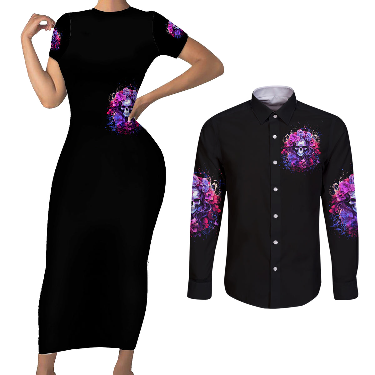 Flower Skull Couples Matching Short Sleeve Bodycon Dress and Long Sleeve Button Shirt The Good Girl In Me Got Tired Of The Bullshit So The Bitch In Me Came Out To Play - Wonder Print Shop