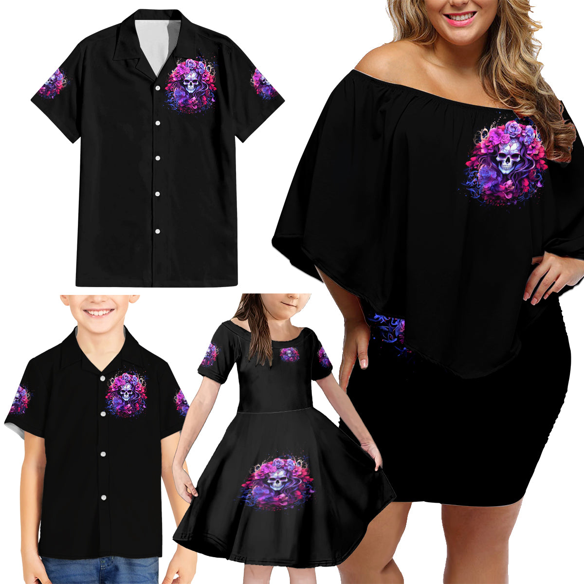 Flower Skull Family Matching Off Shoulder Short Dress and Hawaiian Shirt The Good Girl In Me Got Tired Of The Bullshit So The Bitch In Me Came Out To Play - Wonder Print Shop