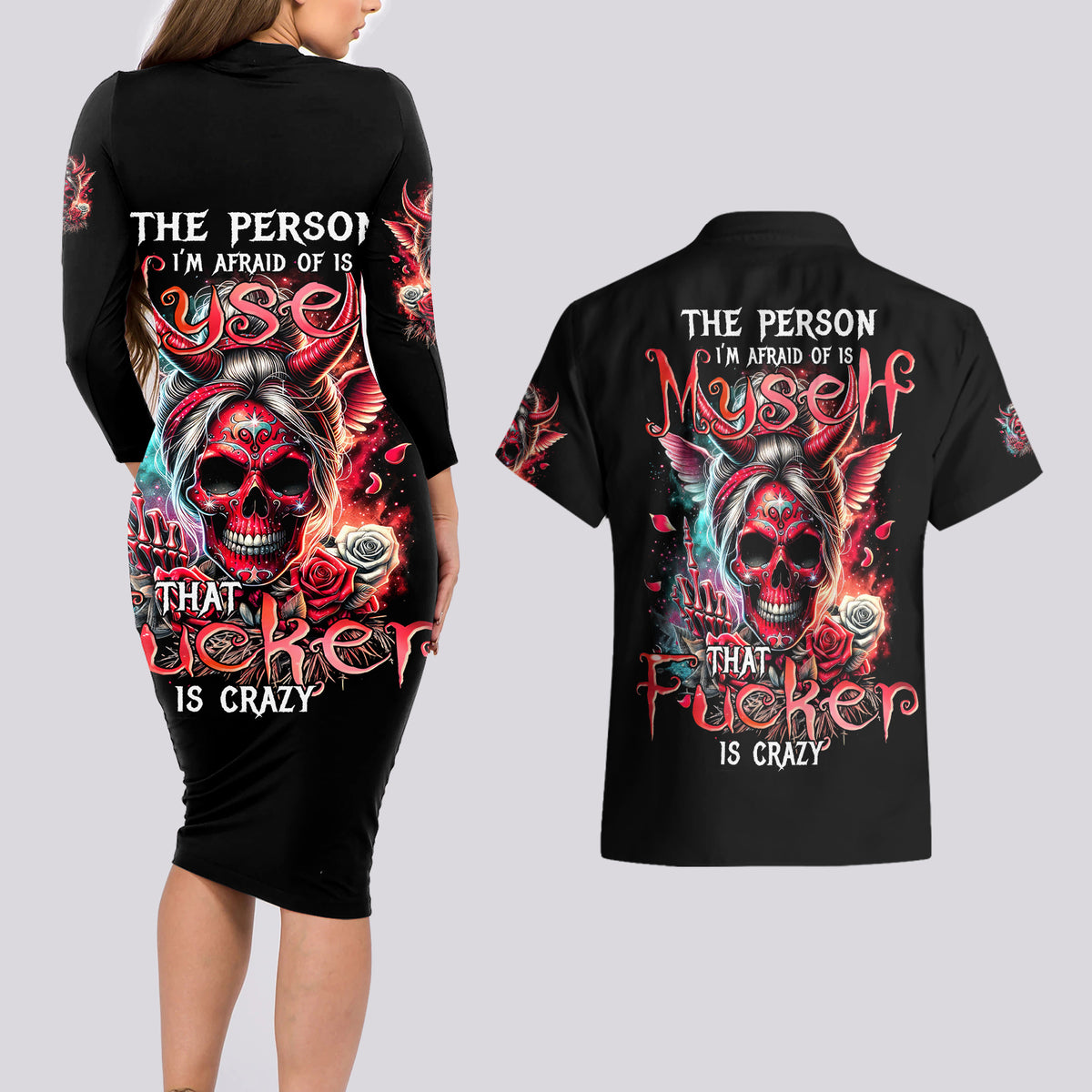 Devil Skull Couples Matching Long Sleeve Bodycon Dress and Hawaiian Shirt The Perseon I Afraid Of Is Myself That Fucker Is Crazy - Wonder Print Shop