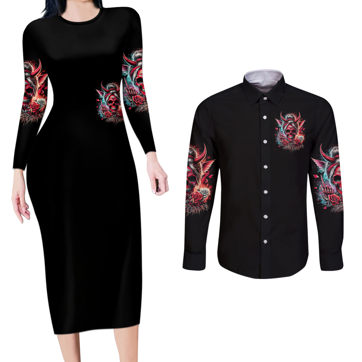 Devil Skull Couples Matching Long Sleeve Bodycon Dress and Long Sleeve Button Shirt The Perseon I Afraid Of Is Myself That Fucker Is Crazy - Wonder Print Shop