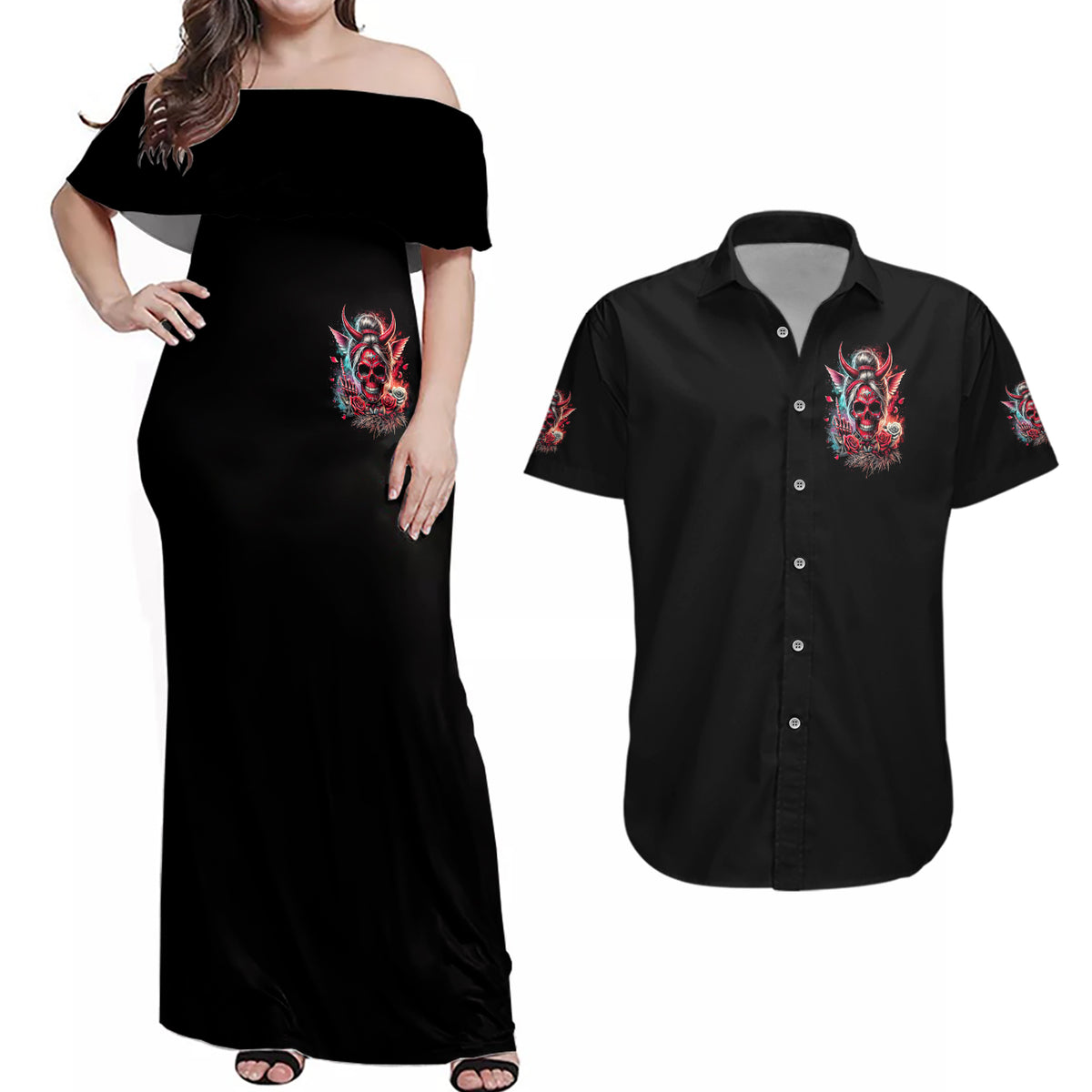 Devil Skull Couples Matching Off Shoulder Maxi Dress and Hawaiian Shirt The Perseon I Afraid Of Is Myself That Fucker Is Crazy - Wonder Print Shop