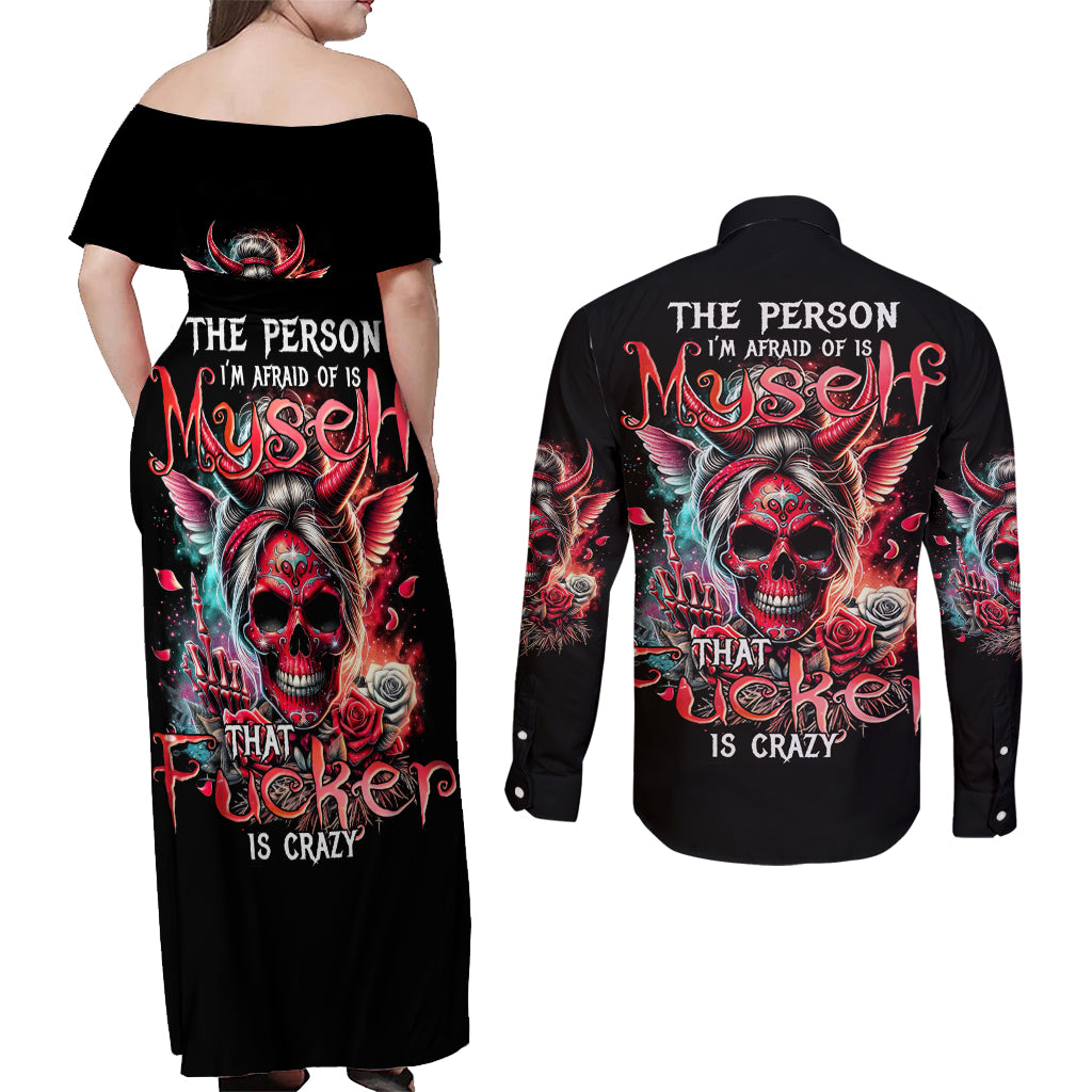 Devil Skull Couples Matching Off Shoulder Maxi Dress and Long Sleeve Button Shirt The Perseon I Afraid Of Is Myself That Fucker Is Crazy - Wonder Print Shop