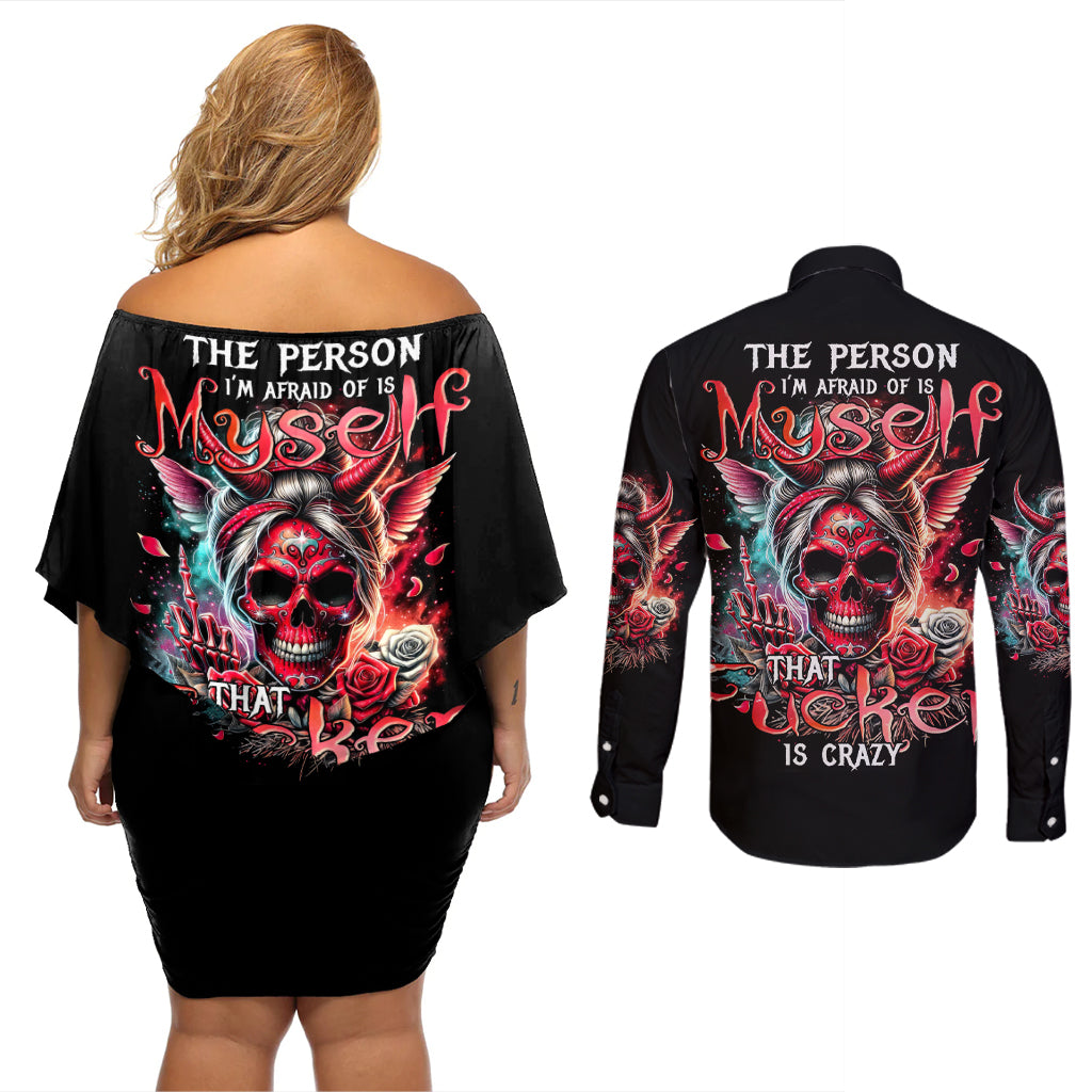 Devil Skull Couples Matching Off Shoulder Short Dress and Long Sleeve Button Shirt The Perseon I Afraid Of Is Myself That Fucker Is Crazy - Wonder Print Shop