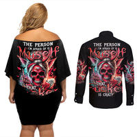 Devil Skull Couples Matching Off Shoulder Short Dress and Long Sleeve Button Shirt The Perseon I Afraid Of Is Myself That Fucker Is Crazy - Wonder Print Shop