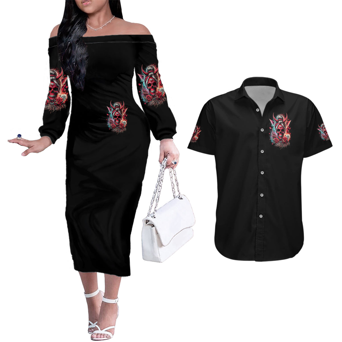 Devil Skull Couples Matching Off The Shoulder Long Sleeve Dress and Hawaiian Shirt The Perseon I Afraid Of Is Myself That Fucker Is Crazy - Wonder Print Shop