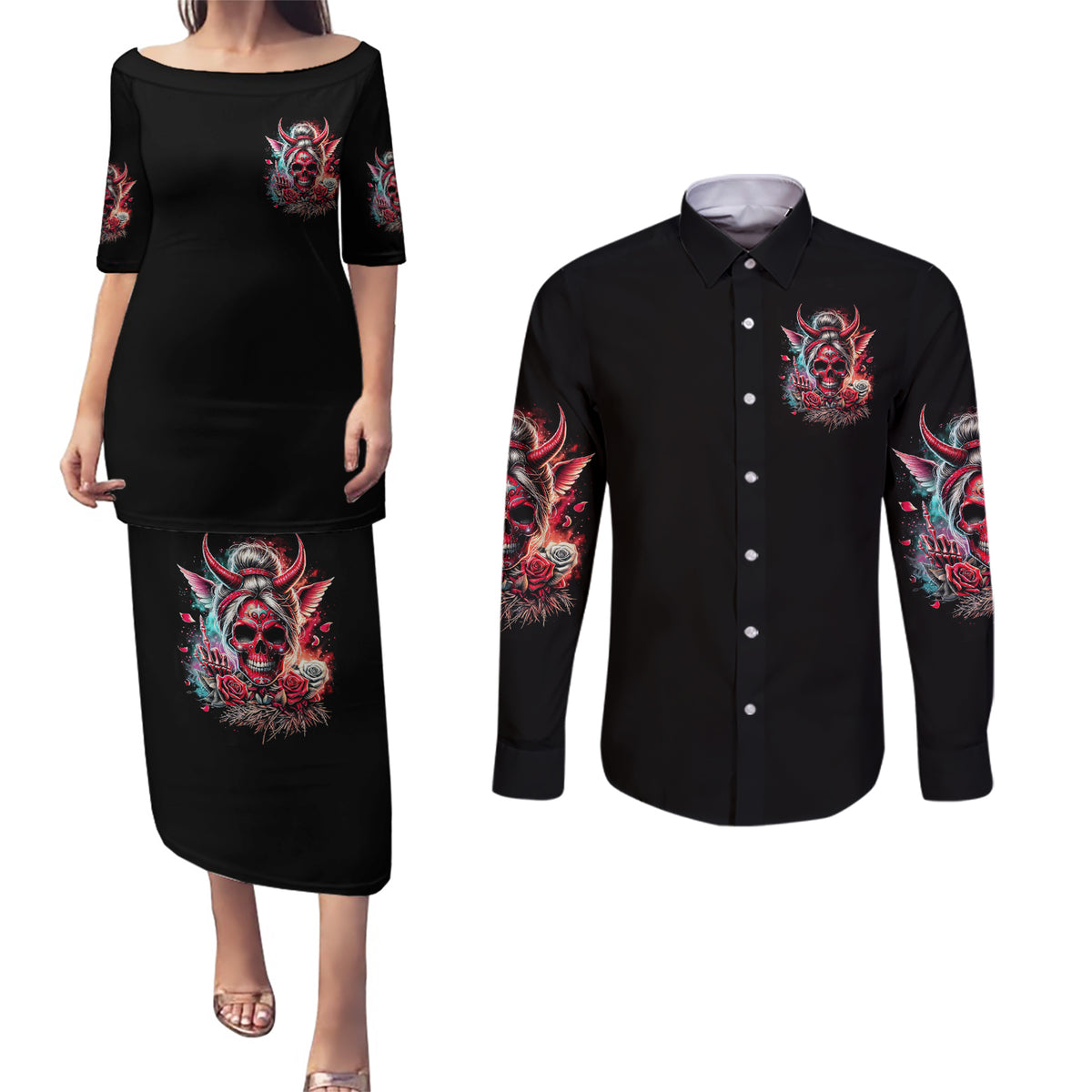 Devil Skull Couples Matching Puletasi and Long Sleeve Button Shirt The Perseon I Afraid Of Is Myself That Fucker Is Crazy - Wonder Print Shop