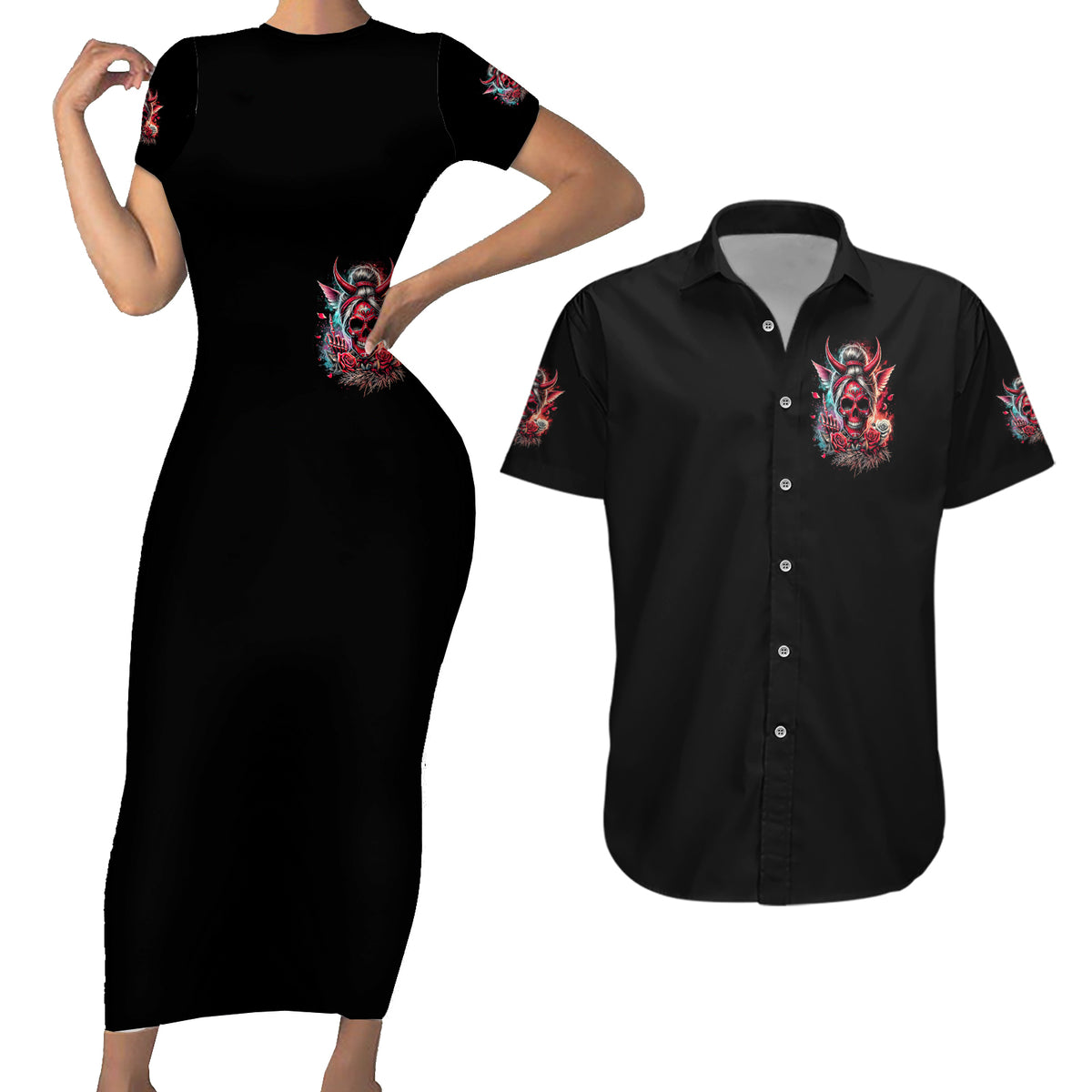 Devil Skull Couples Matching Short Sleeve Bodycon Dress and Hawaiian Shirt The Perseon I Afraid Of Is Myself That Fucker Is Crazy - Wonder Print Shop