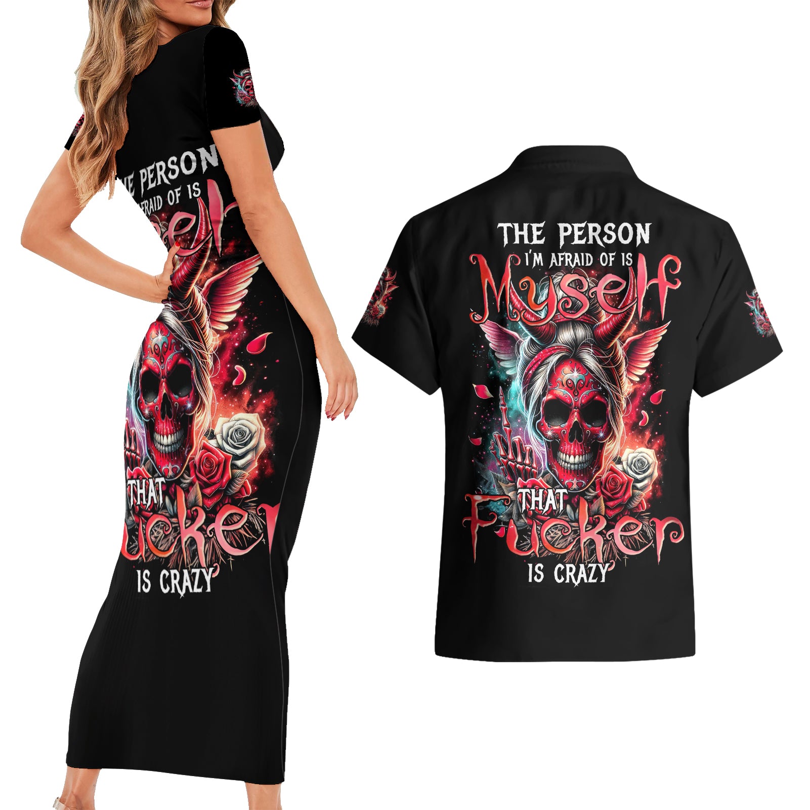 Devil Skull Couples Matching Short Sleeve Bodycon Dress and Hawaiian Shirt The Perseon I Afraid Of Is Myself That Fucker Is Crazy - Wonder Print Shop