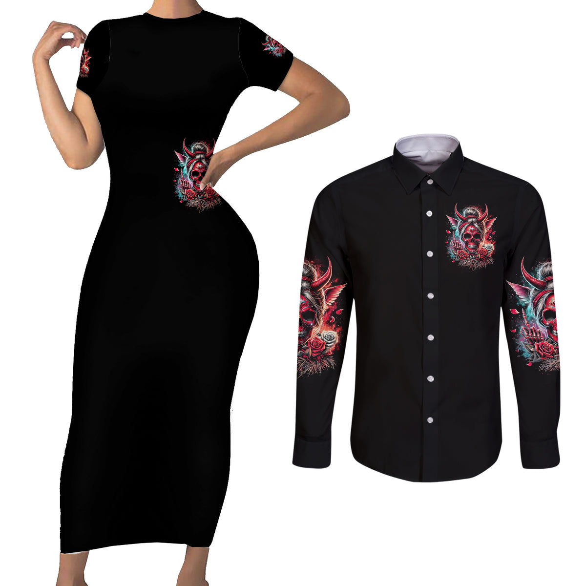 Devil Skull Couples Matching Short Sleeve Bodycon Dress and Long Sleeve Button Shirt The Perseon I Afraid Of Is Myself That Fucker Is Crazy - Wonder Print Shop