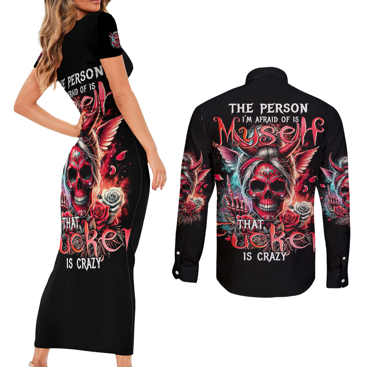 Devil Skull Couples Matching Short Sleeve Bodycon Dress and Long Sleeve Button Shirt The Perseon I Afraid Of Is Myself That Fucker Is Crazy - Wonder Print Shop