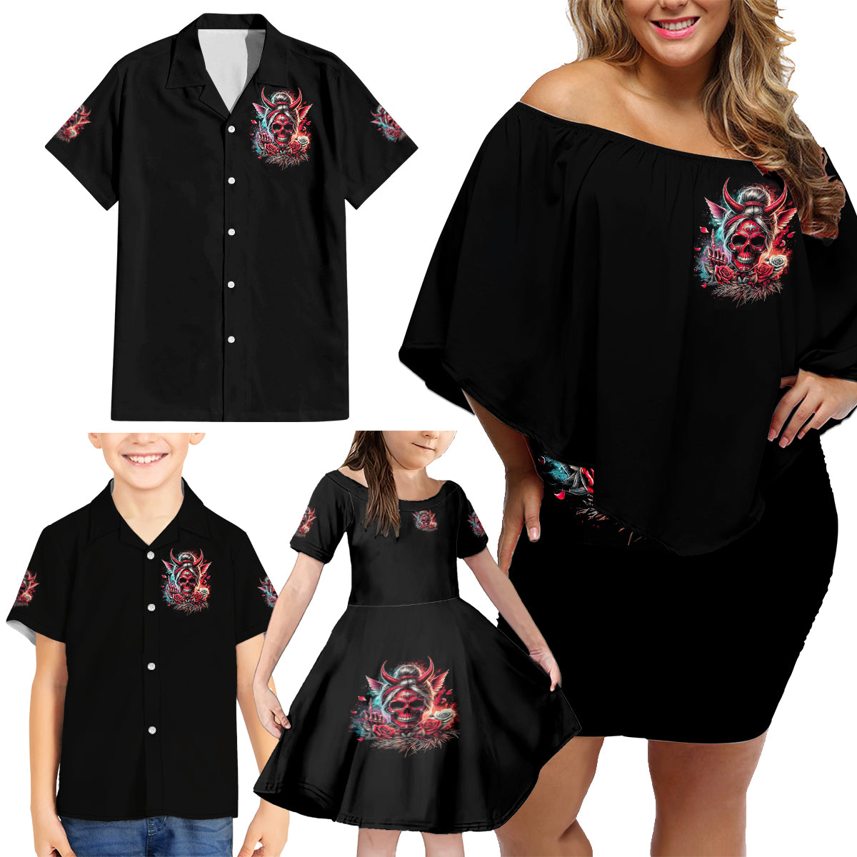 Devil Skull Family Matching Off Shoulder Short Dress and Hawaiian Shirt The Perseon I Afraid Of Is Myself That Fucker Is Crazy - Wonder Print Shop