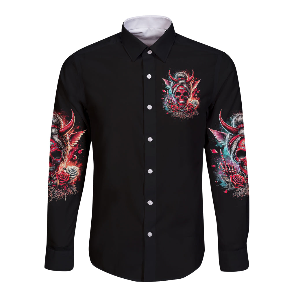 Devil Skull Long Sleeve Button Shirt The Perseon I Afraid Of Is Myself That Fucker Is Crazy - Wonder Print Shop