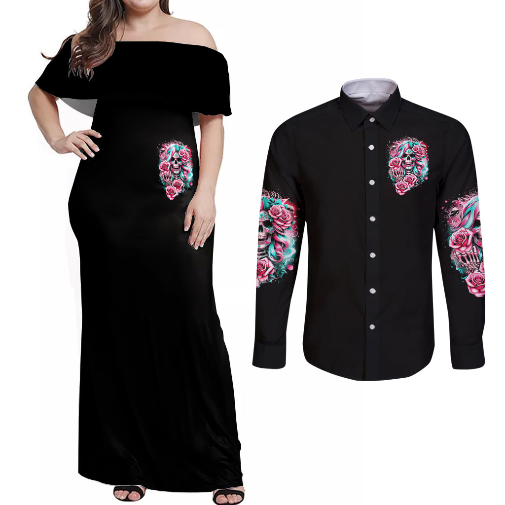 Rose Skull Couples Matching Off Shoulder Maxi Dress and Long Sleeve Button Shirt Hater Make Me Famous So Keep On Hating Me Bitch - Wonder Print Shop